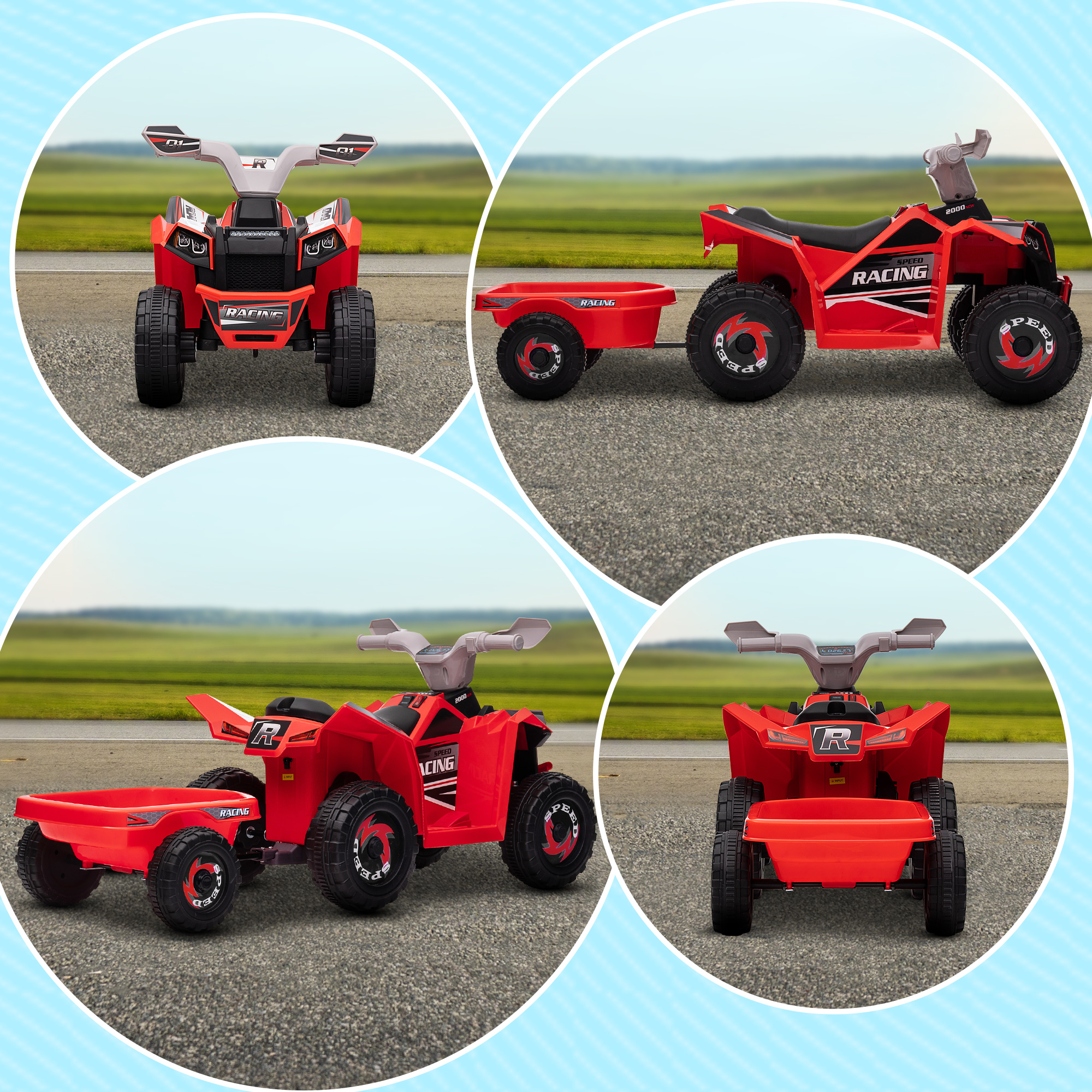 Elektro-Kinderquad mit Anhänger, 2,5 km/h, 50 Minuten Fahrtzeit, für 1,5 bis 3 Jahre, bis 25 kg, Rot