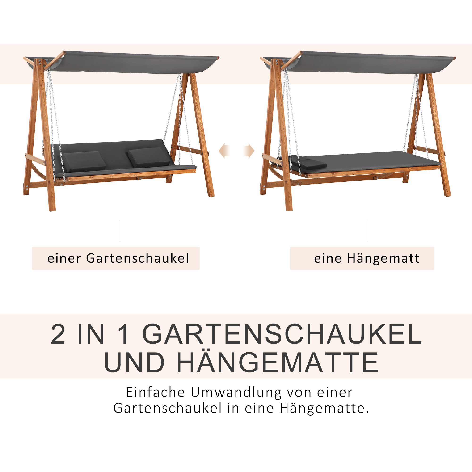 Hollywoodschaukel mit Bettfunktion 3-Sitzer Gartenschaukel Lärche mit verstellbarem Sonnendach 225,5 x 130 x 180 cm