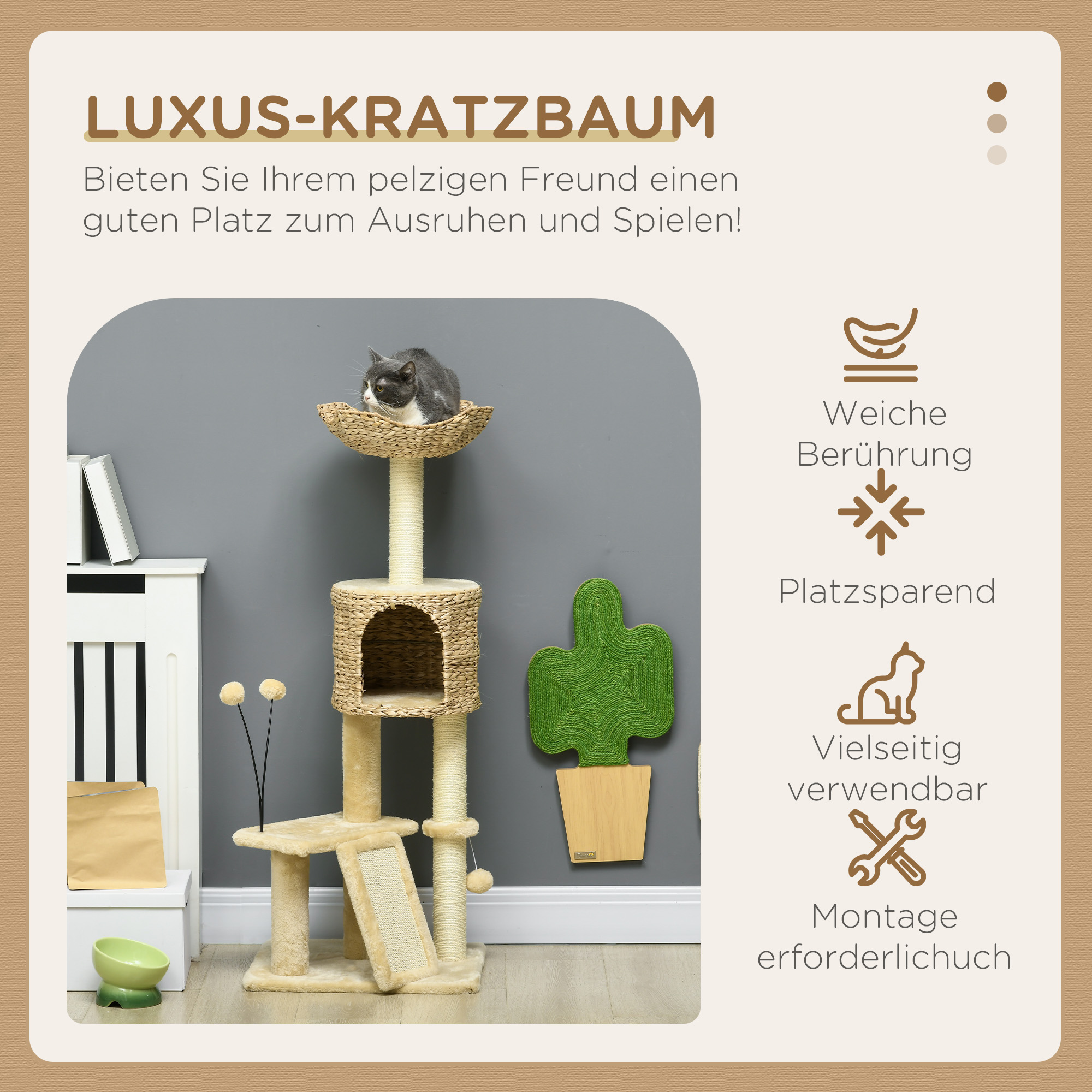 Kratzbaum mit Katzenhöhle, Liegeplattform, Spielball, 45x40x116cm, Braun/Beige