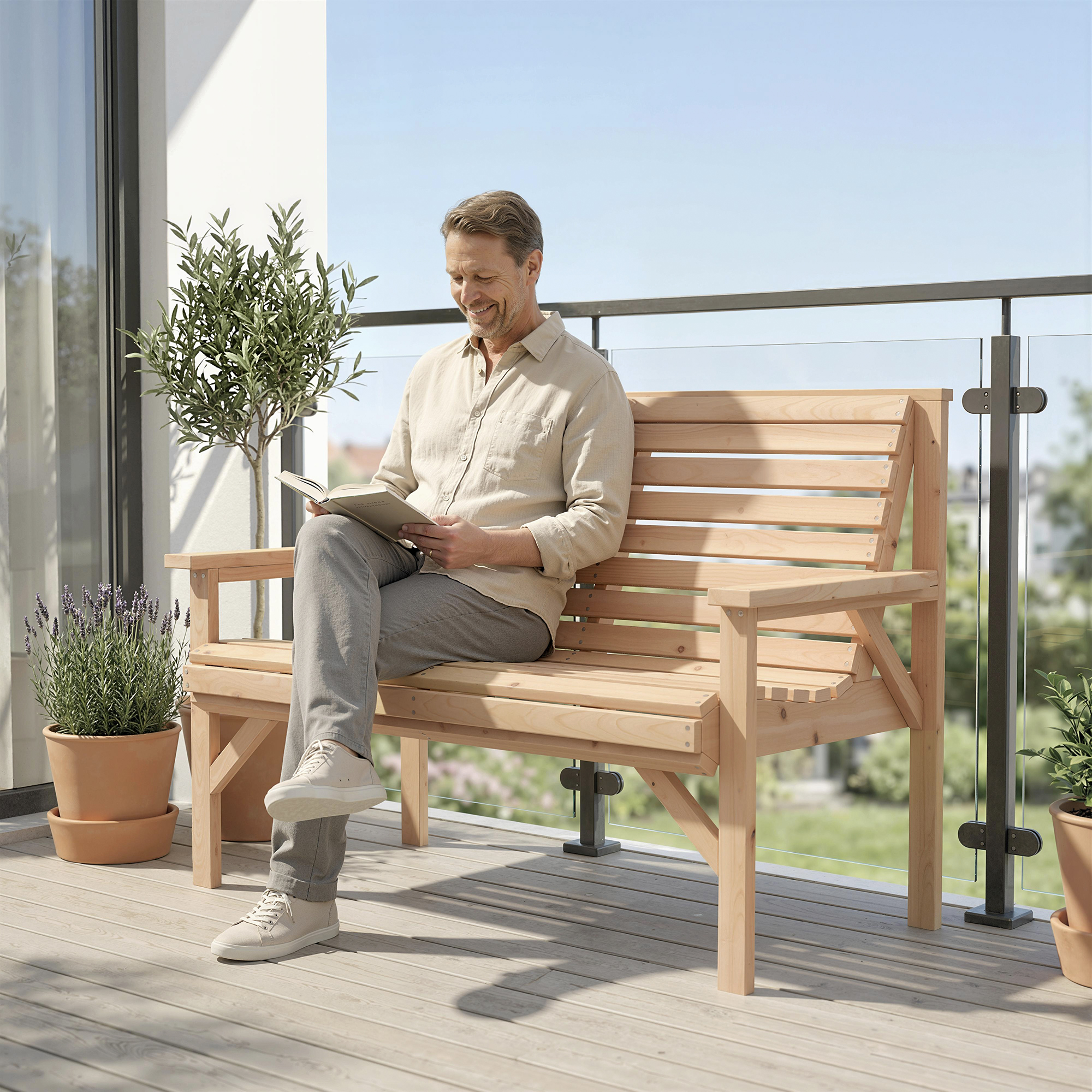 2-Sitzer Gartenbank aus Holz, Lattenbank mit Arm- und Rückenlehne, Outdoor-Möbel für Balkon, Terrasse, Garten