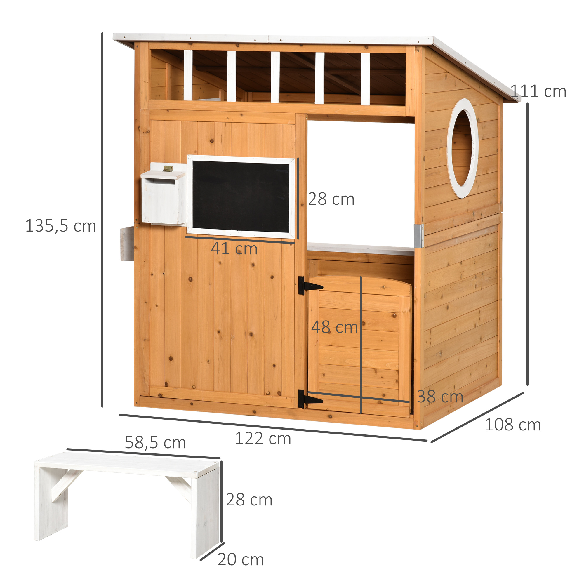 Kinderspielhaus aus Naturholz, mit Briefkasten und Blumenkasten, Natur