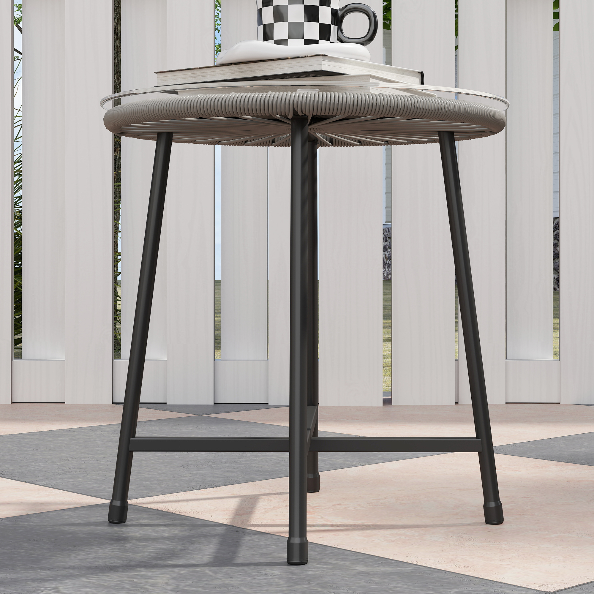 3-teiliges Outdoor-Möbelset, 1 Tisch, 2 Stühle, Rattan-Geflecht, Stahlrahmen, Kaffeetisch mit Glasplatte, Dunkelgrau