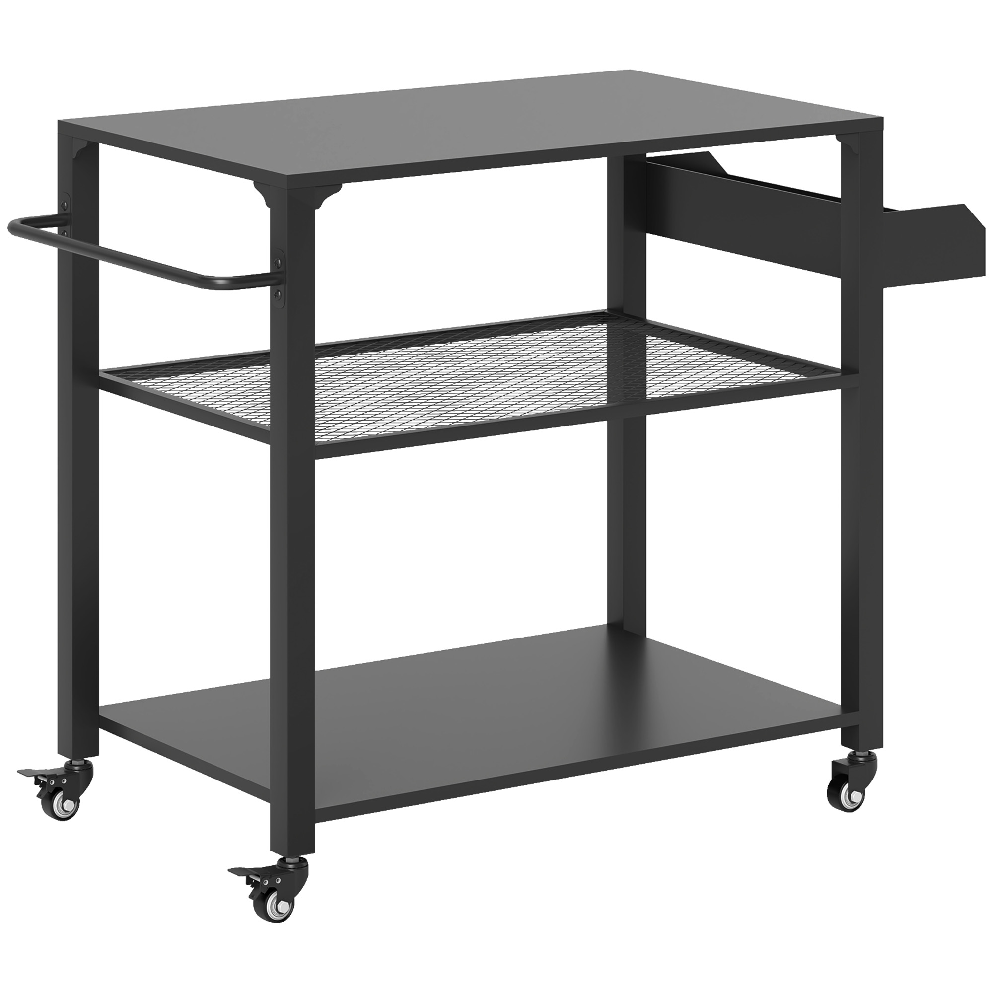 Outdoor-Kücheninsel, Grillwagen mit Aufbewahrungsregal, Griff, 4 Rollen, Küchenwagen, Terrasse, Garten, Metall, Schwarz