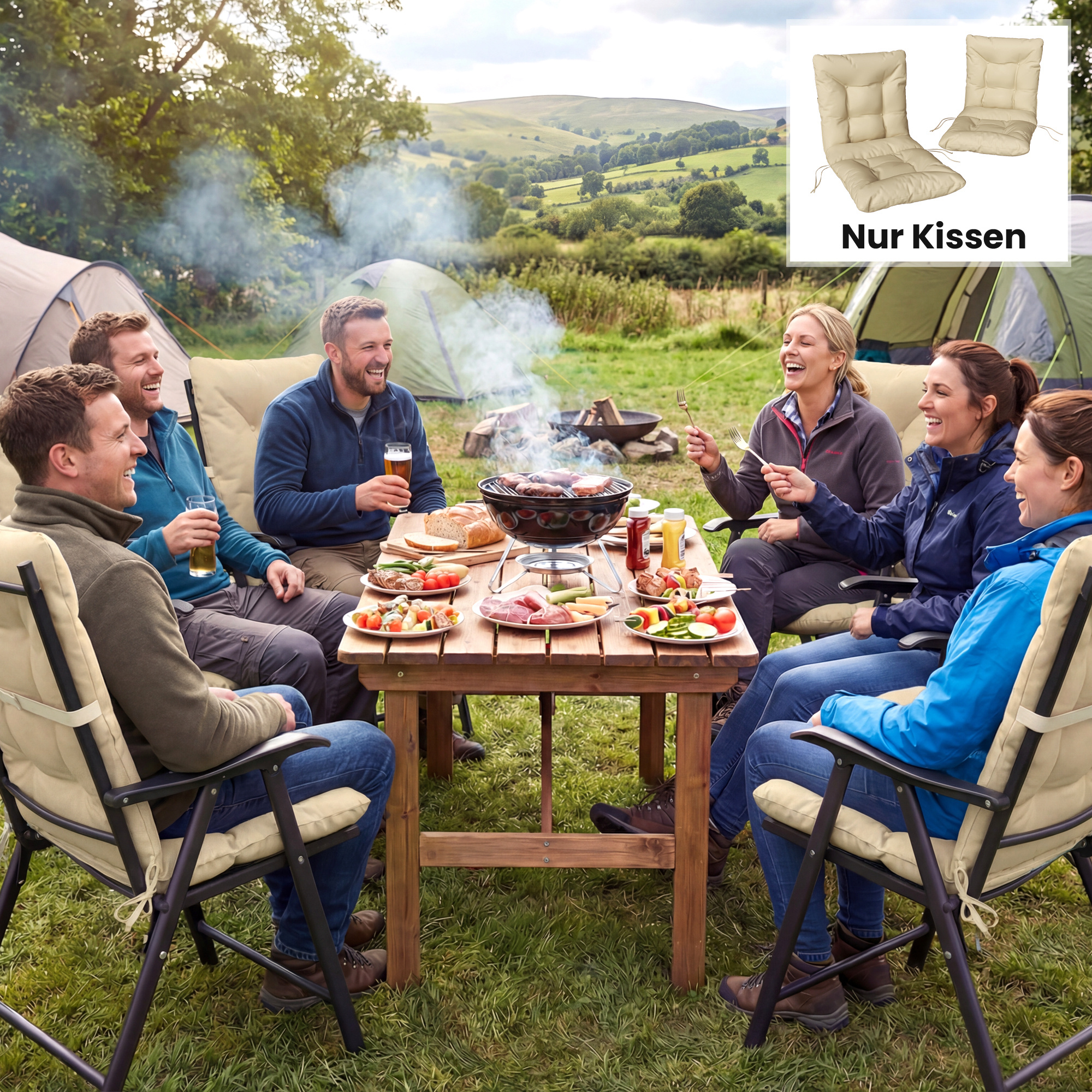 Outdoor-Sitzkissen mit Rückenlehne und Bändern, wasserabweisende Polster für drinnen und draußen, Beige