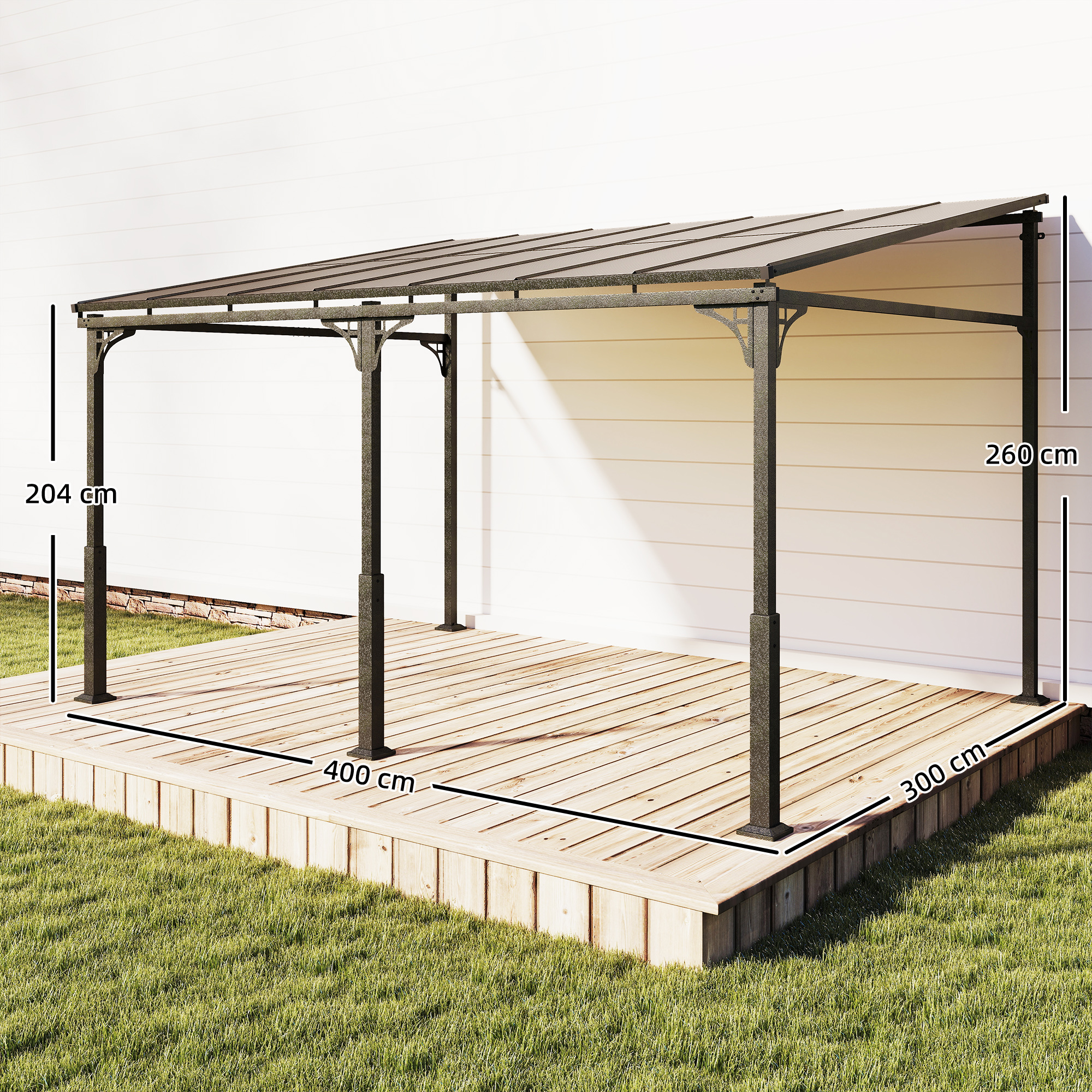 Anbaupavillon 4 x 3m Terrassenüberdachung mit schrägen Polycarbonat-Dach Metall-Aluminium-Rahmen, Wandmontage