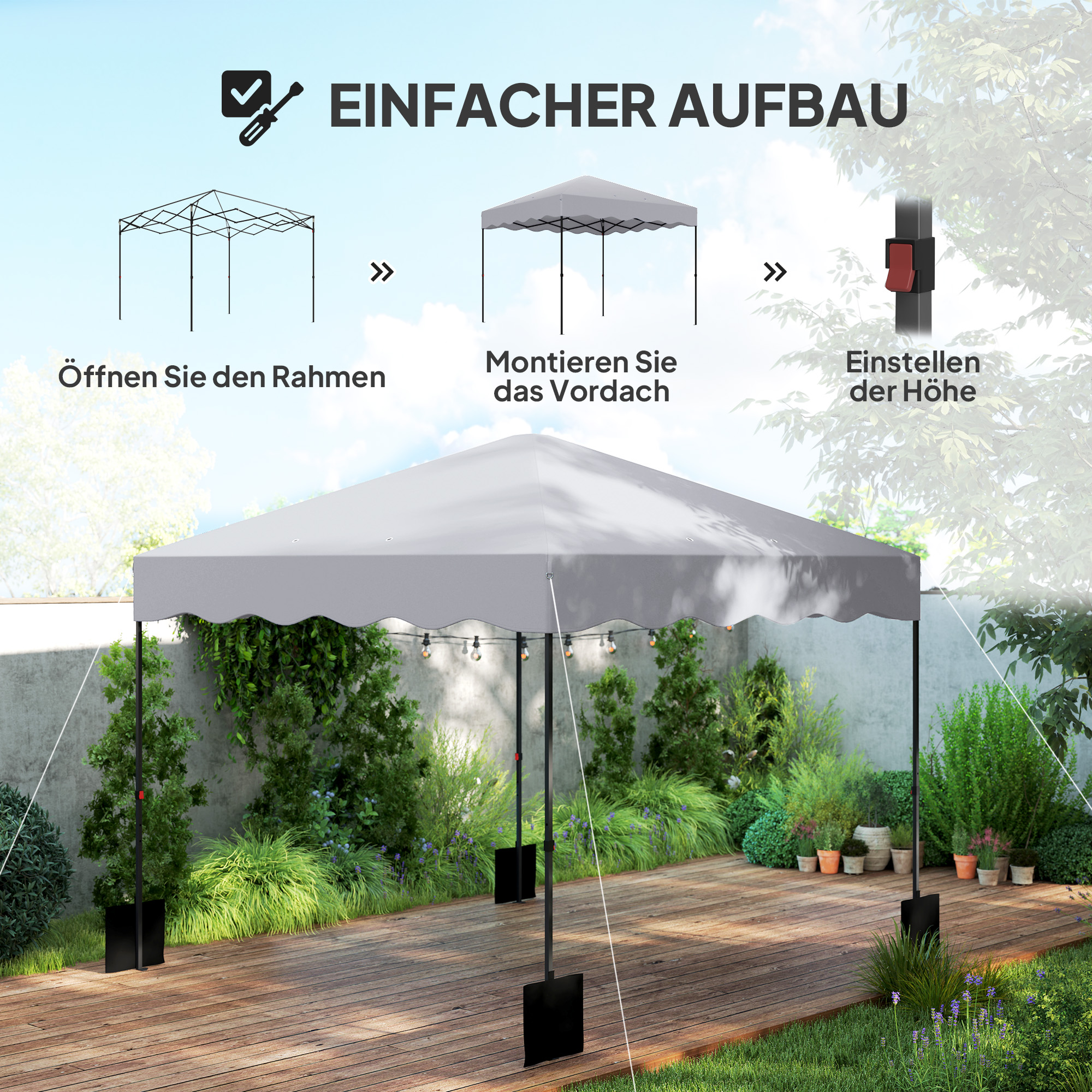 3 x 3 m Pop-up-Pavillon, Höhenverstellbares Gartenzelt, mit Rolltasche, für Garten, Terrasse, Metall, Stoff, Hellgrau