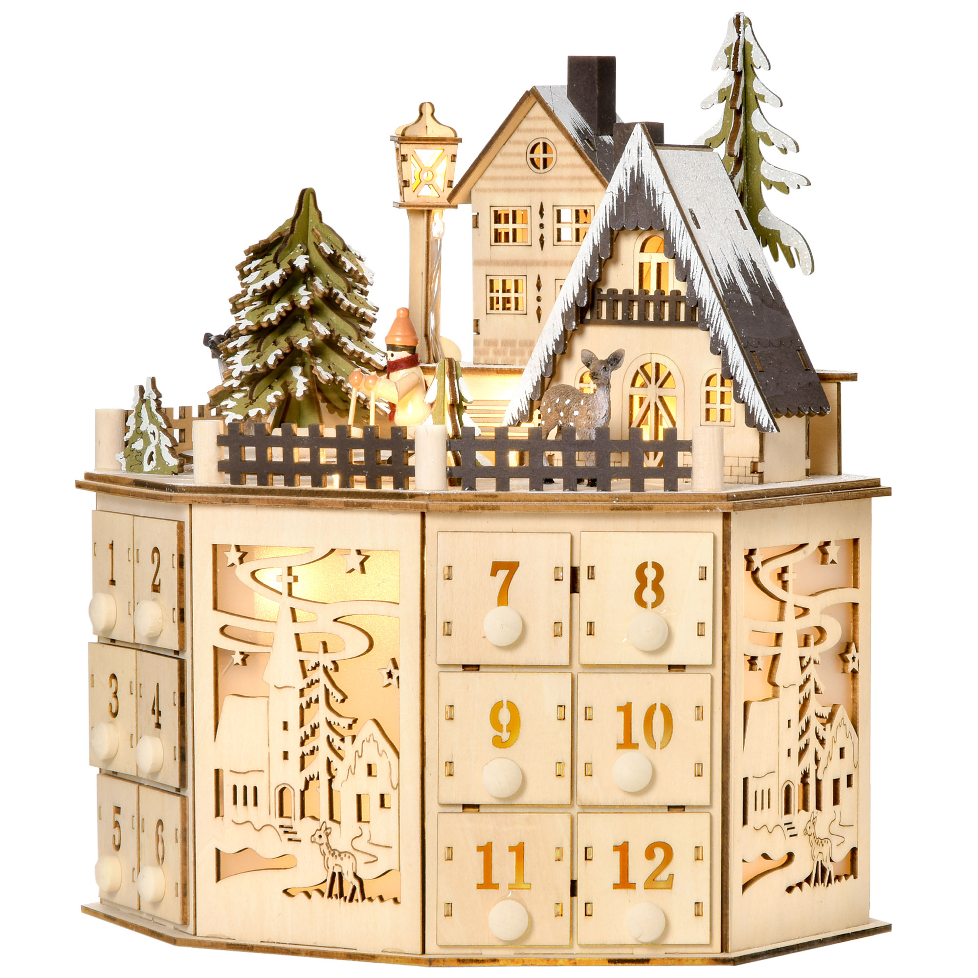 Adventskalender Adventskalenderbox Weihnachtsdekoration, LED-Lichter, 24 Schubladen, Natur