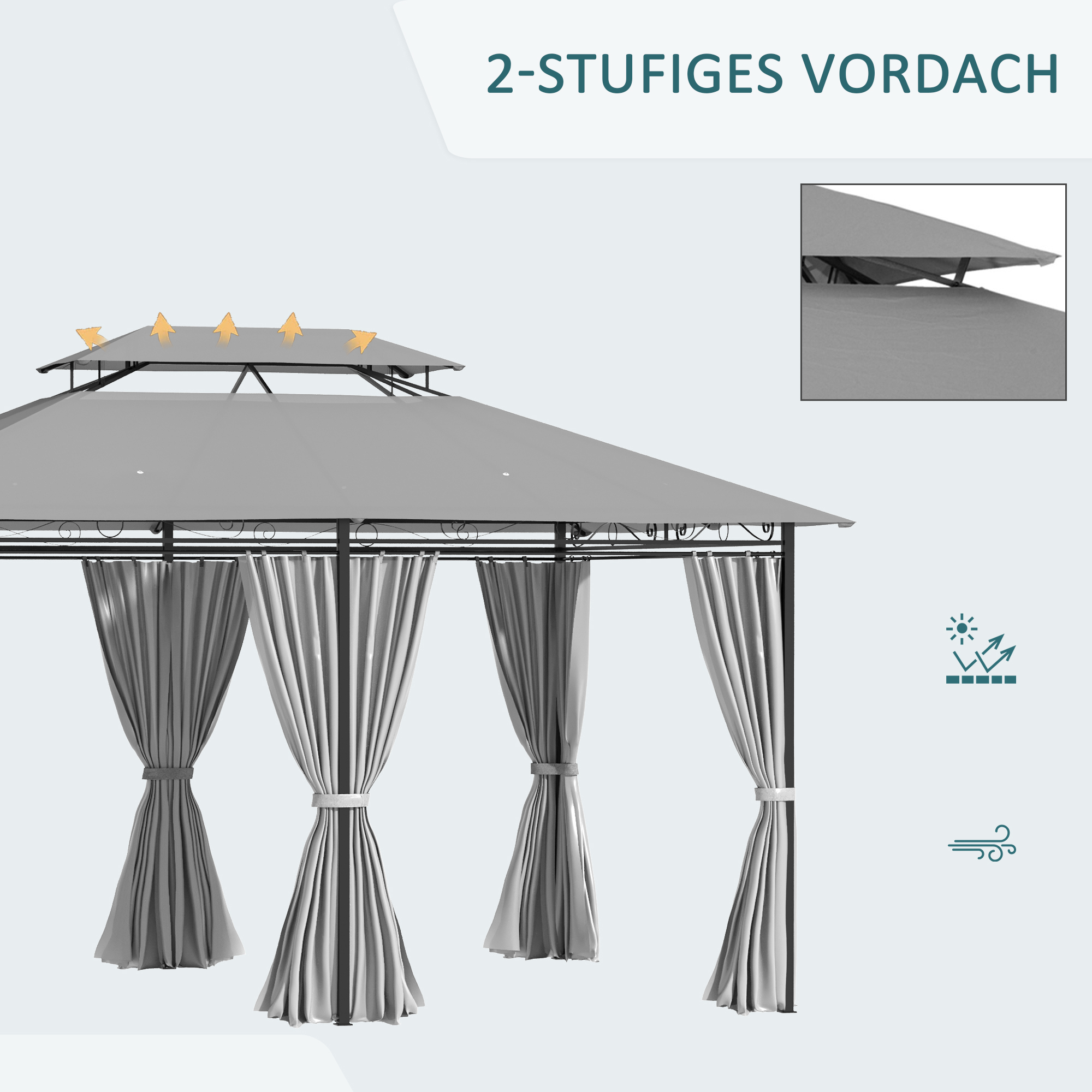 Pavillon 3x4m Gartenpavillon mit 6 Seitenteilen Partyzelt Gartenzelt Festzelt mit Doppeldach Dunkelgrau