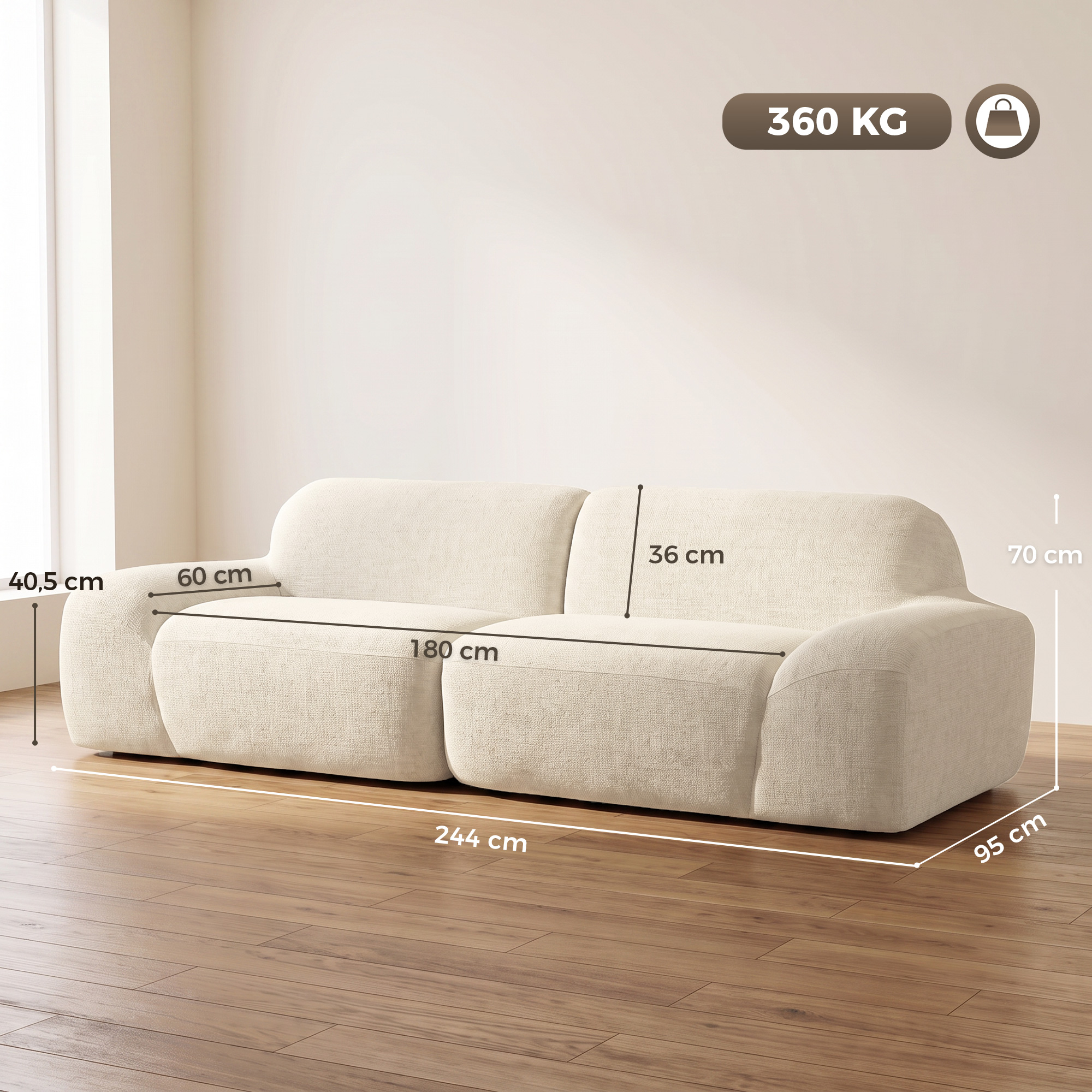 3-Sitzer-Sofa, abgerundet und rahmenlos, mit großzügiger Sitzfläche, dick gepolstert, keine Montage, cremeweiß