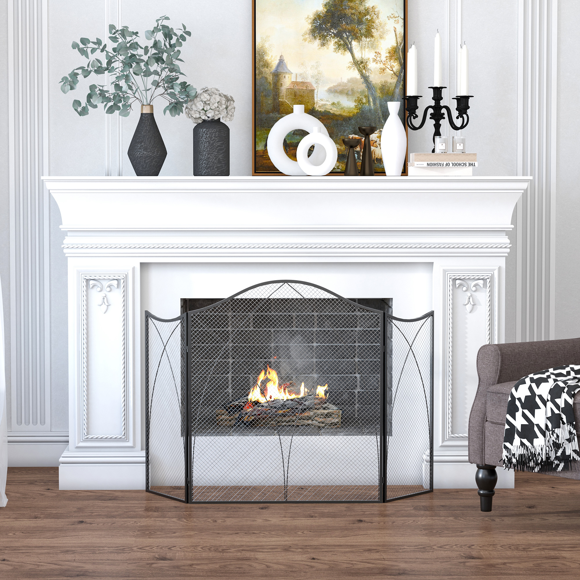 Funkenschutz für Kamine, dreifach faltbar, Metallstruktur, Beschichtung, 108x2x76 cm, Schwarz