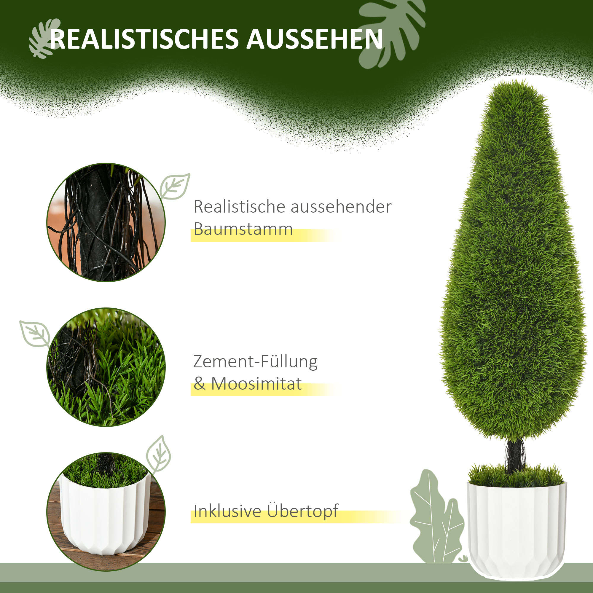 2er-Set Kunstpflanze inklusive Übertopf und Kunstmoos; Künstliche Zypresse, Weiß + Grün