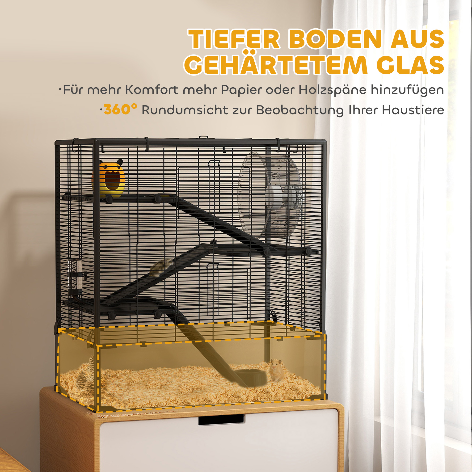 Hamsterkäfig mit Glasboden, 4-stufiges Hamstergehege mit Hütte und Zubehör, 78,5L x 48,5B x 80H cm, Schwarz