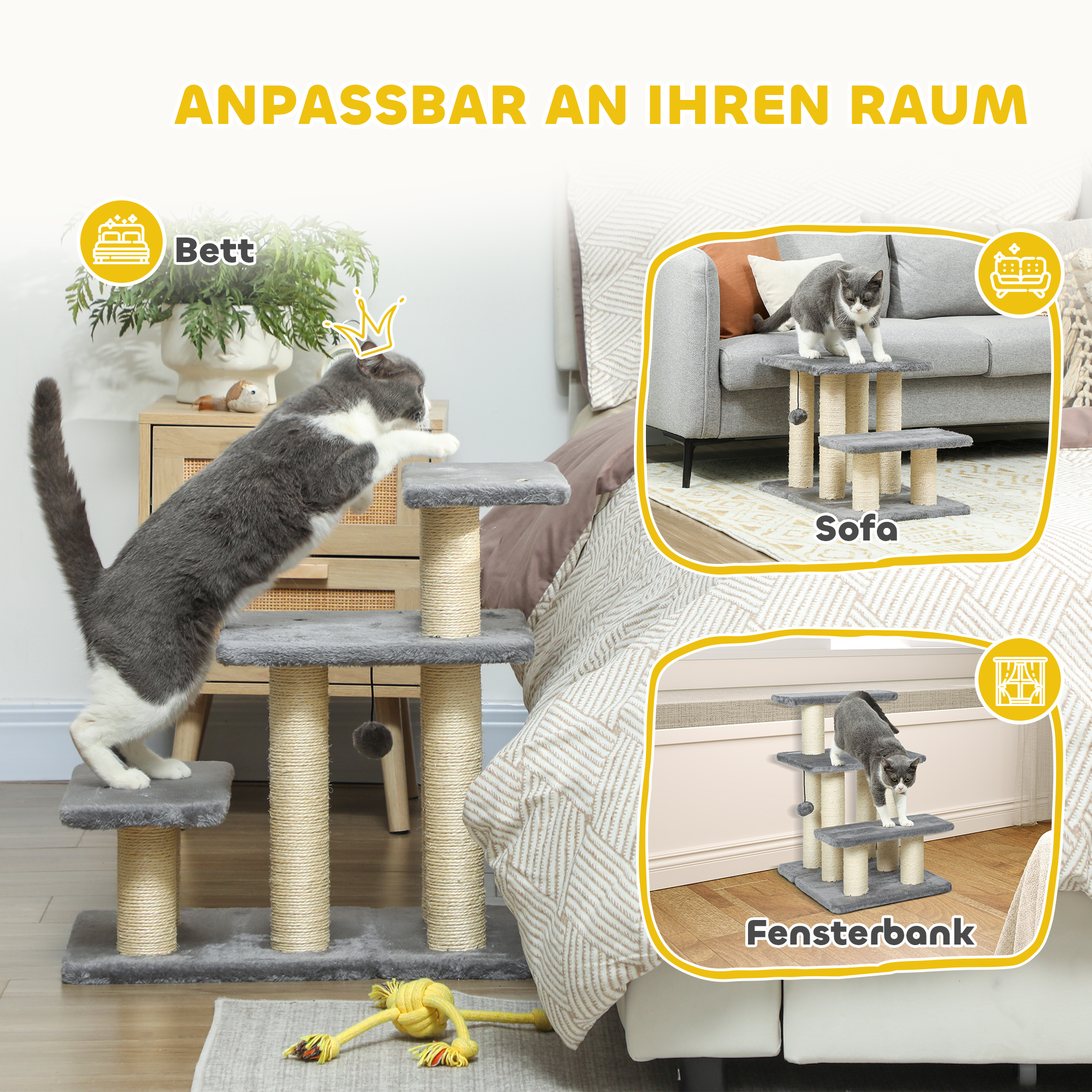 Hundetreppe 3 Stufen 54 cm Hoch Haustiertreppe für Kleine Hunde Katzentreppe mit Sisal Kratzbäumen, Spielball