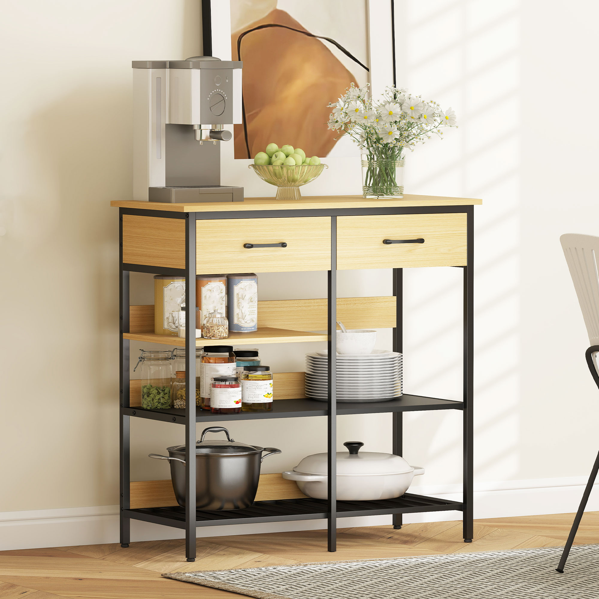 Sideboard, Kommode mit 2 Schubladen, 3 offenen Regalen Küchenschrankfür Küche, Wohnzimmer 90 x 40 x 91 cm, Naturholz