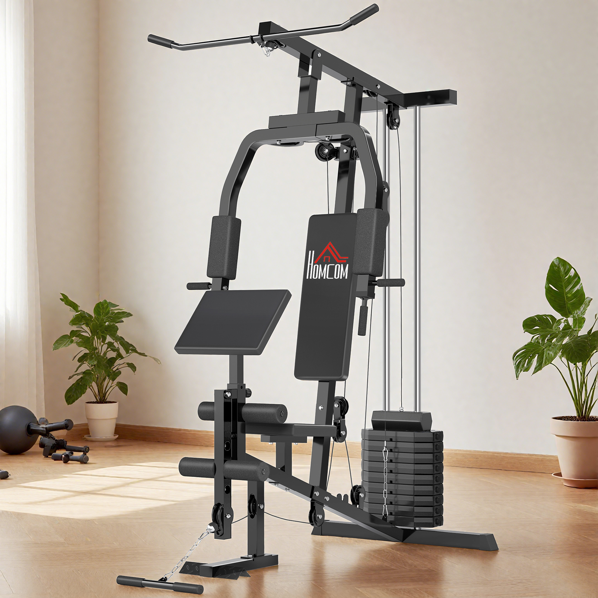 Kraftstation für Zuhause Fitnessstation mit Latzuggerät, Kabelzug, kurzer Bizepsstange, Brustpresse, Beintrainer, Butterfly-Maschine 45kg Gewichten Multifunktion Fitnessstation Schwarz