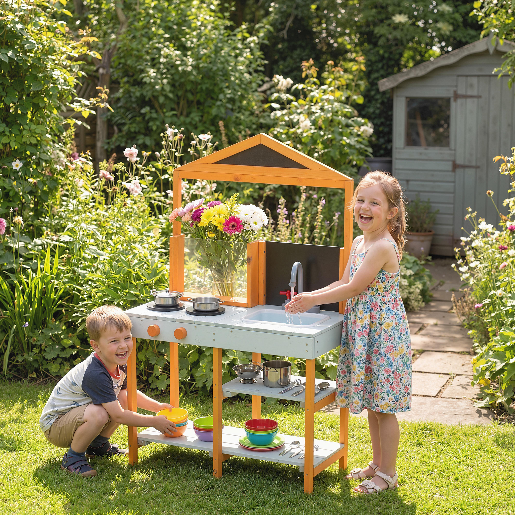 Matschküche Kinder Outdoor Spielküche Holz mit Herd Abnehmbarer Spüle Regalen für Kinder von 3-8 Jahren, Hellblau