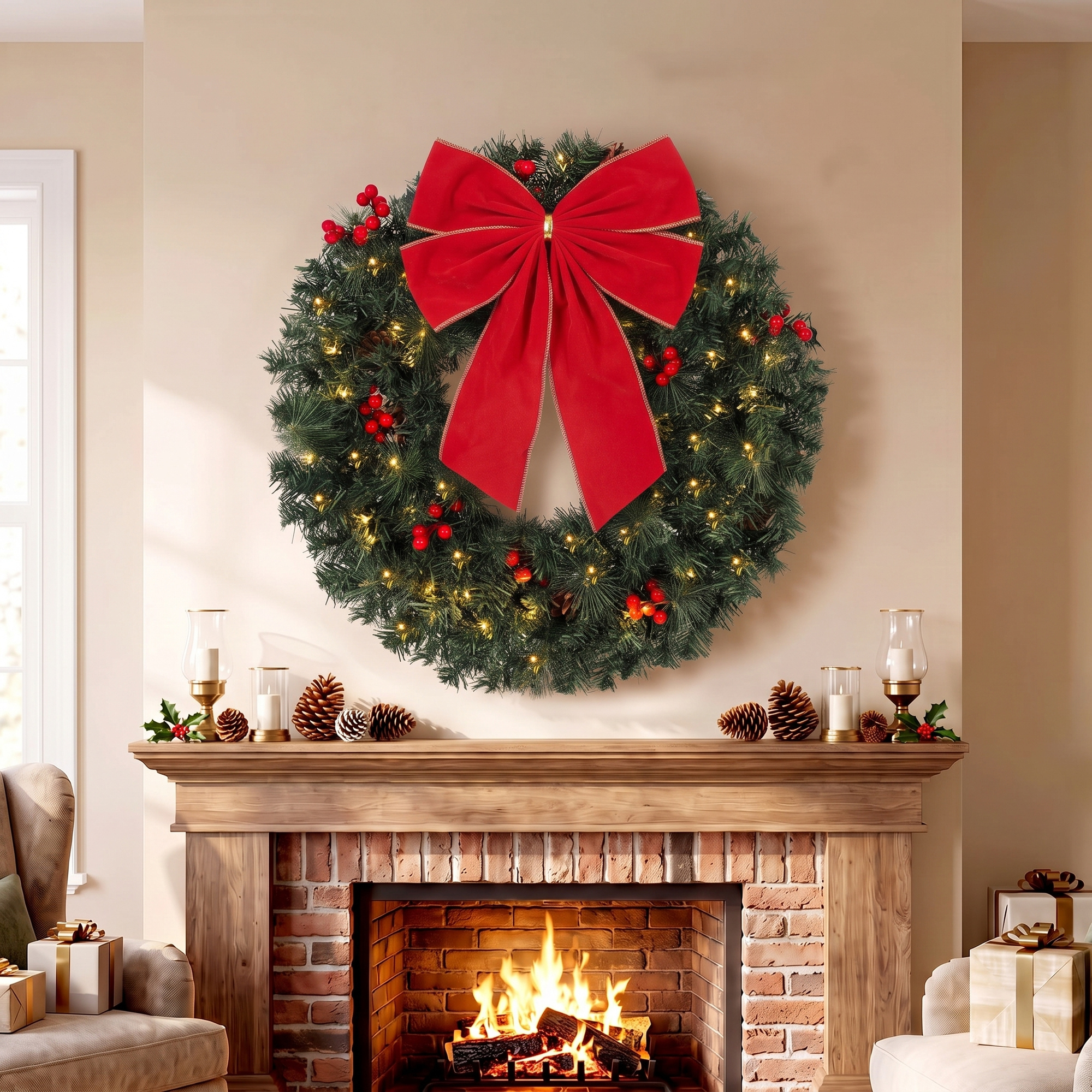 Weihnachtskranz 60 cm Türkranz mit Crestwood-Fichten Design, Schleife, 50 LEDs, 140 Zweigspitzen, 8 Leuchtmodi