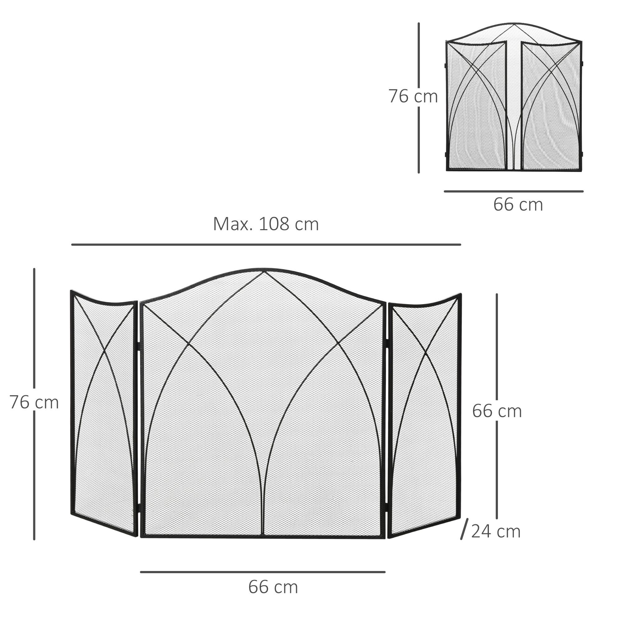 Funkenschutz für Kamine, dreifach faltbar, Metallstruktur, Beschichtung, 108x2x76 cm, Schwarz