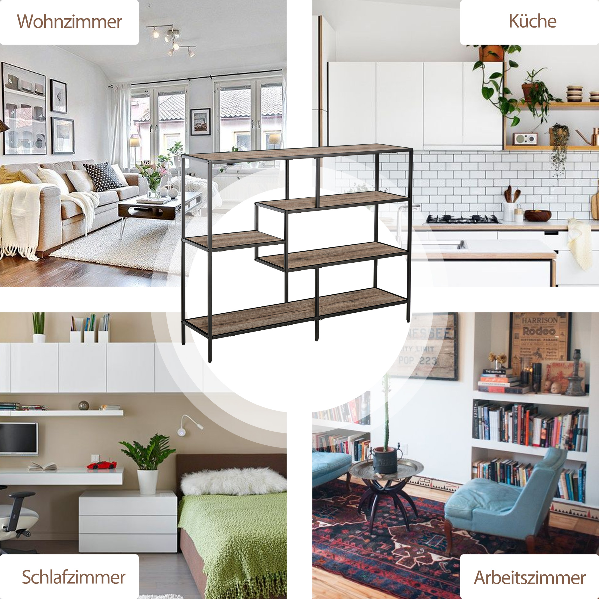 Standregal, Bücherregal Lagerregal Industrieller Stil, Aktenregal, Küchenregal, P2 Spanplatte, Metall, Schwarz+helle Eiche, 120 x 32 x 95 cm