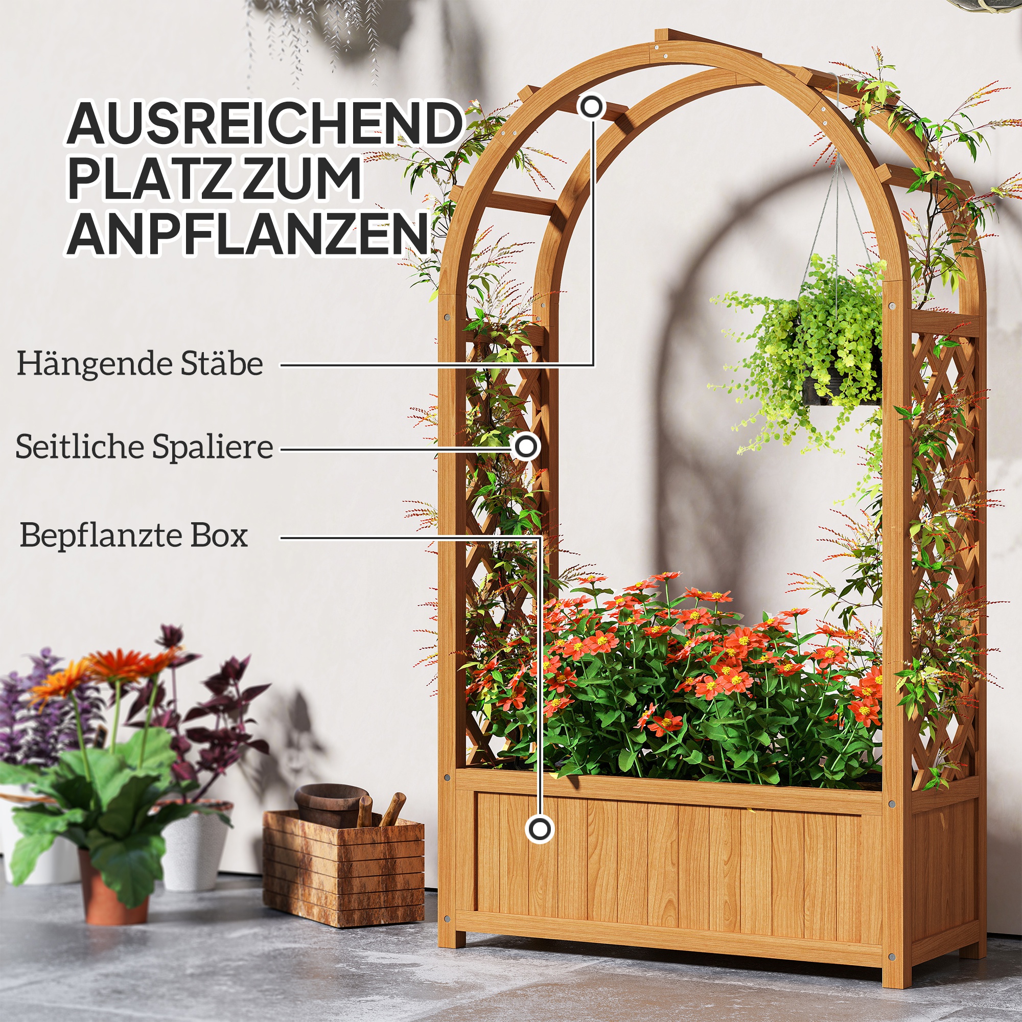 Hochbeet Pflanzkasten mit Rankgitter, Gebogendach Spalier Pflanzkübel Holz 83 x 36 x 145cm Hellbraun