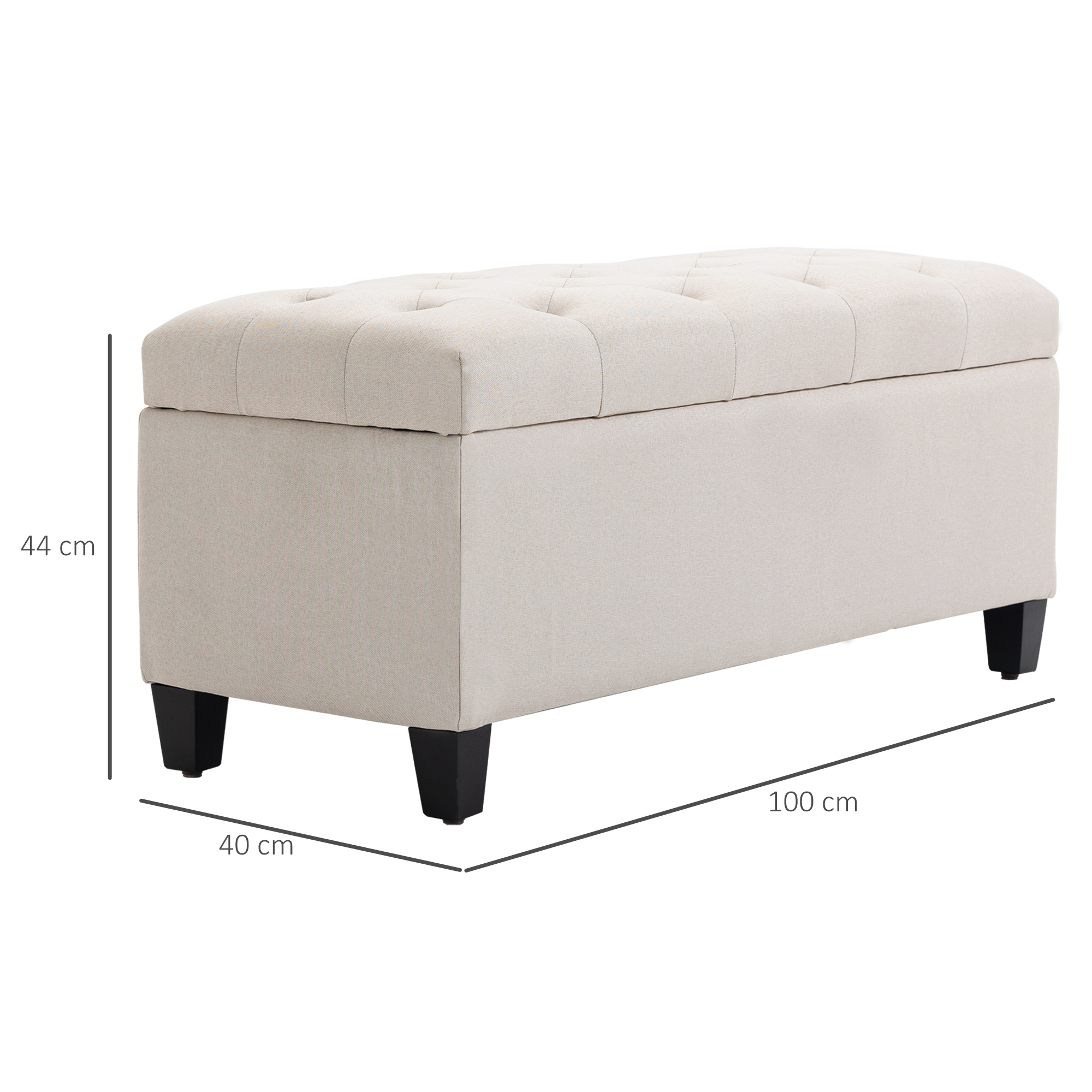 Sitzbank mit Stauraum Polsterbank mit Leinenoptik, Sitztruhe mit Holzbeine, Truhenbank für Wohnzimmer Schlafzimmer Flur 100 x 40 x 44 cm Cremeweiß