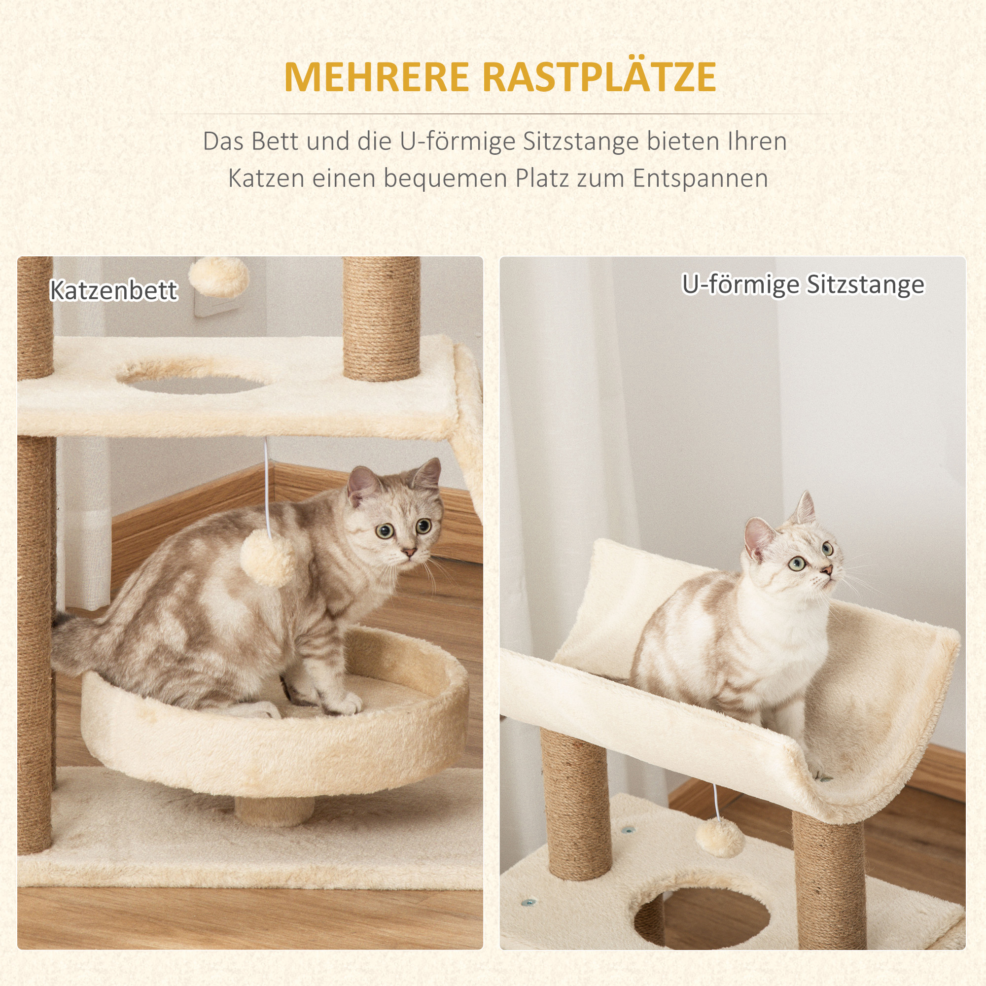 Kratzbaum Katzenbaum, inkl. Spielzeug und Katzenbett, 60 cm x 30 cm x 76 cm, Creme + Natur