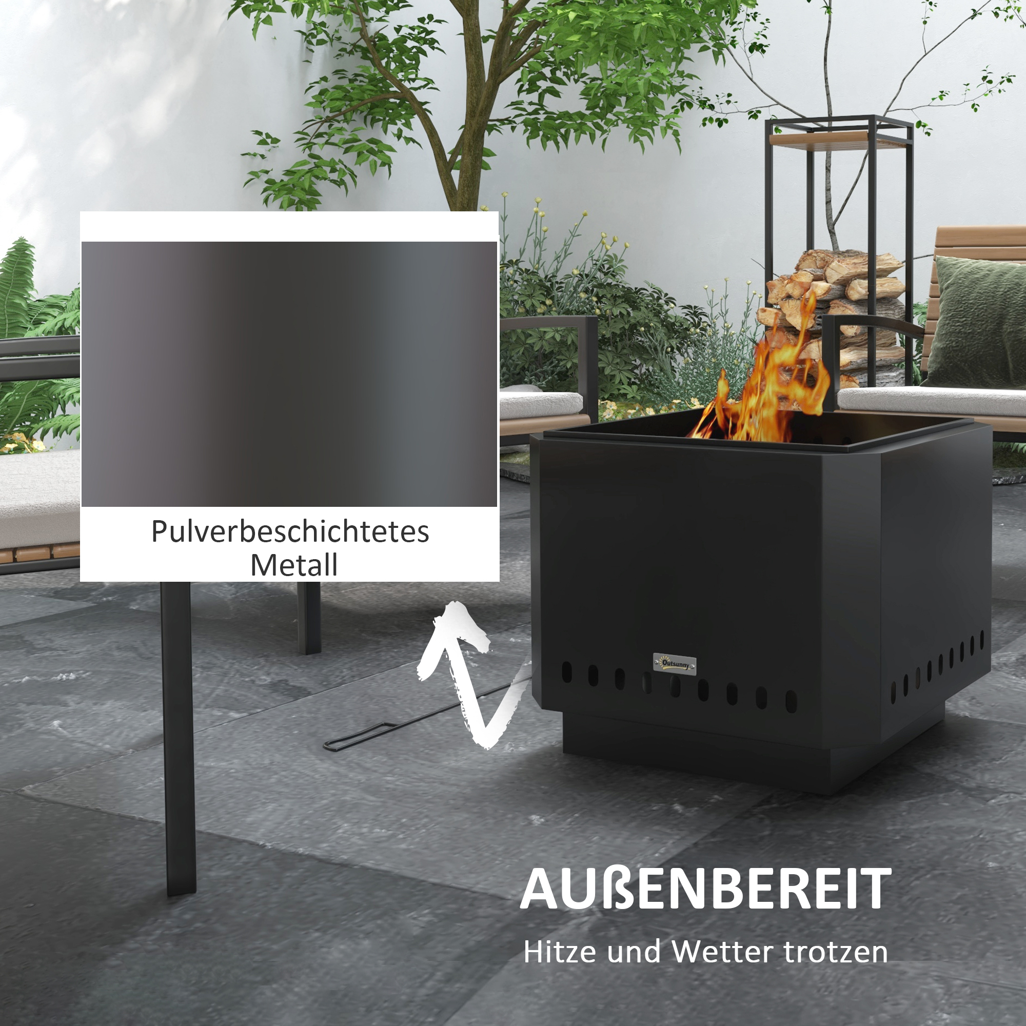 Feuerschale Feuerstelle, inkl, Schürhaken, 48 x 48 x 41 cm, Schwarz