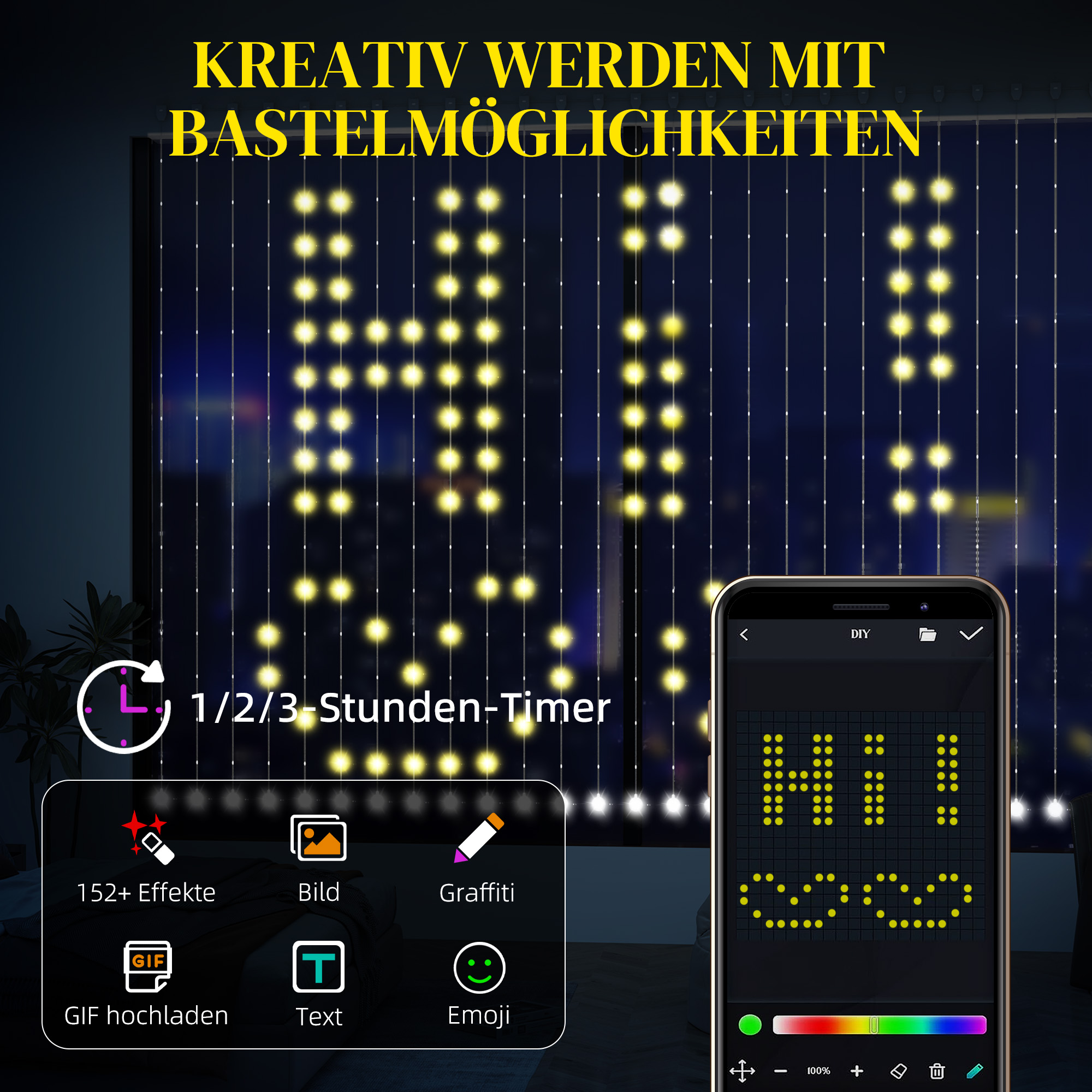 Vorhang mit 400 LED-Lichtern, Dynamische Lichterketten mit Musiksynchronisation für Schlafzimmer, Wohnzimmer, 3 x 3 m