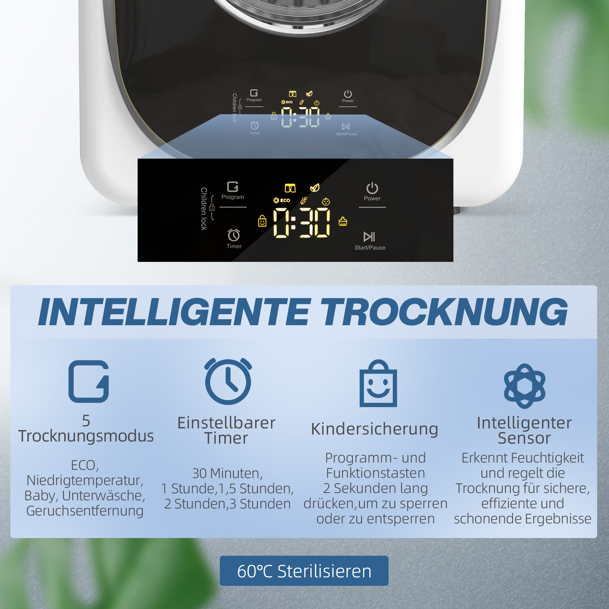 4 kg Wäschetrockner, kompaktes Design, 5 Modi, Timer, Weiß+Schwarz