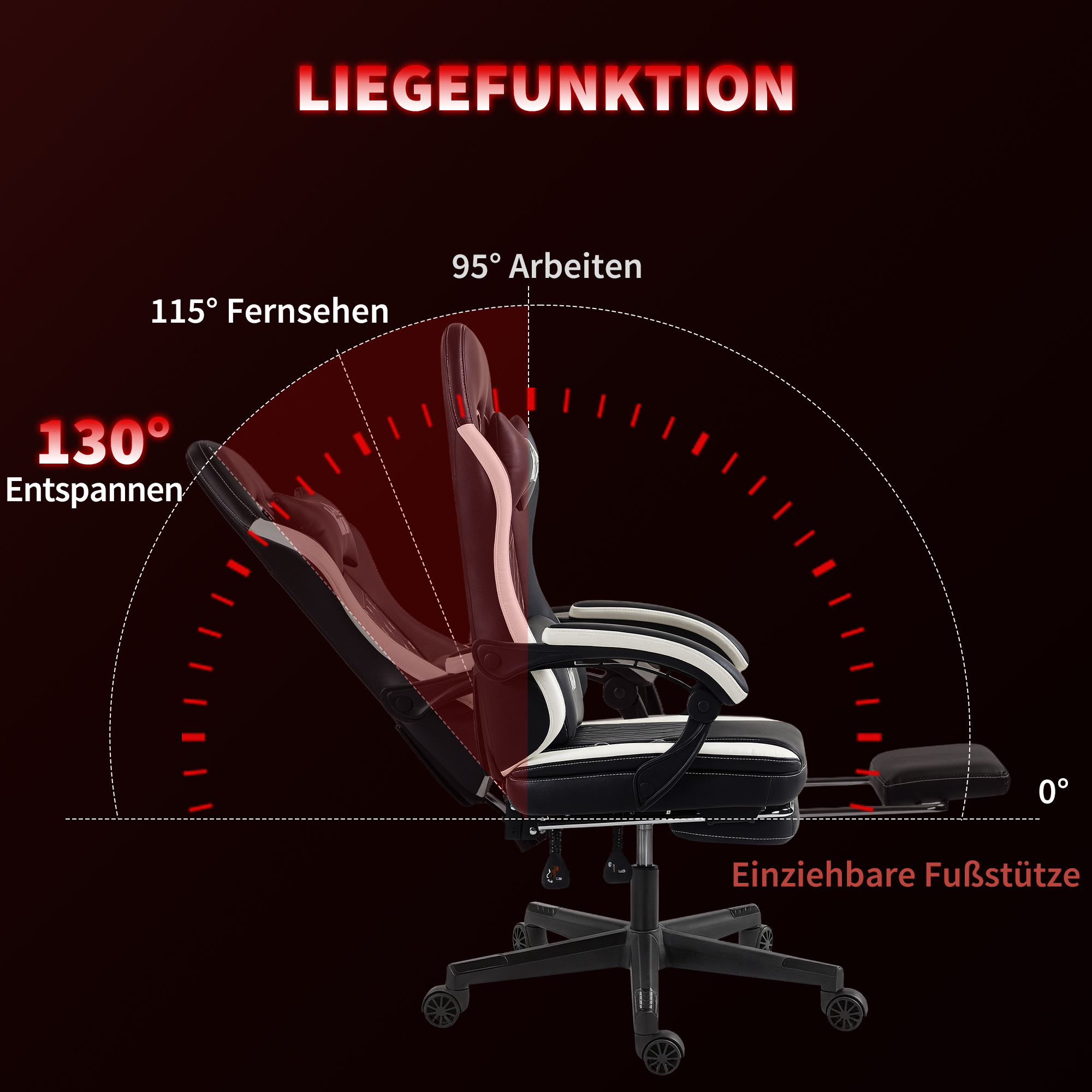 Gaming-Stuhl mit Fußstütze, Computerstuhl mit Kopfstütze & Kissen, Kunstleder-Bezug, drehbar, höhenverstellbar, Metall, Kunststoff, Schwarz+Weiß