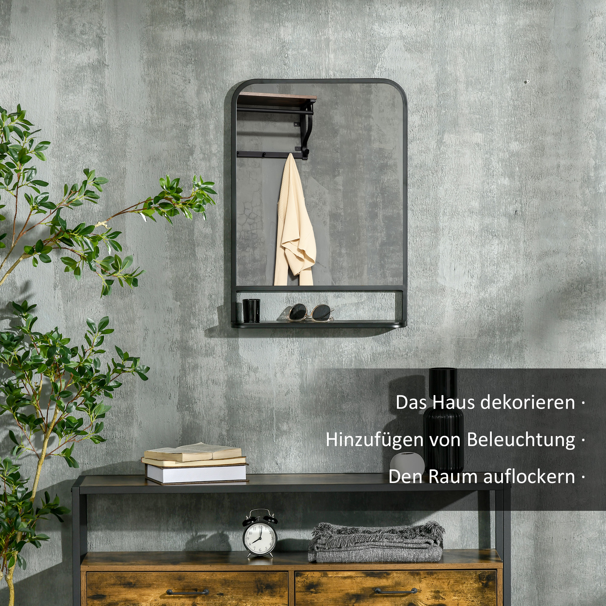 Wandspiegel mit Metallrahmen, abgerundete Kanten, 1 Ablagefläche  70 cm x 10,2 cm x 50 cm Schwarz + Silber