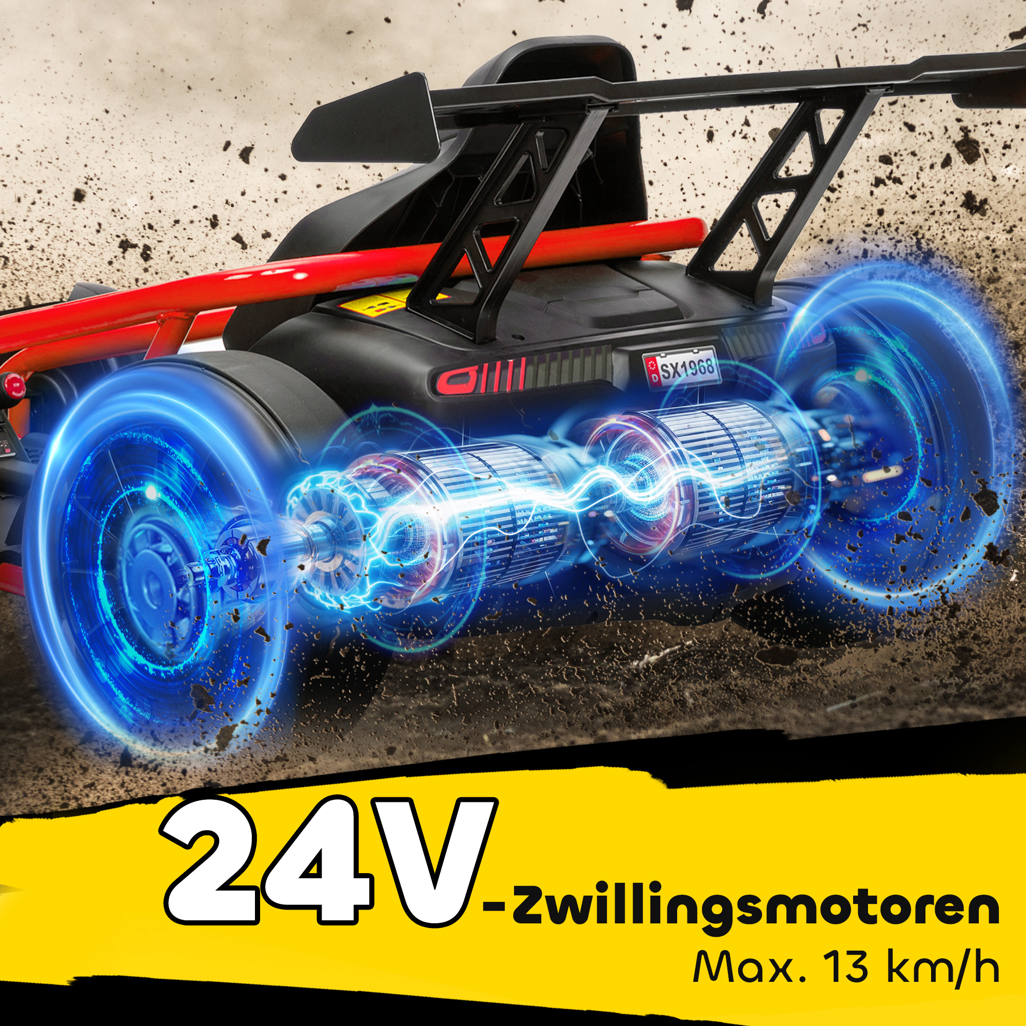 24V Elektro-Go-Kart, Nylon-Reifen, Sicherheitsgurt, Hupe, Musik für 8-12 Jahre Rot