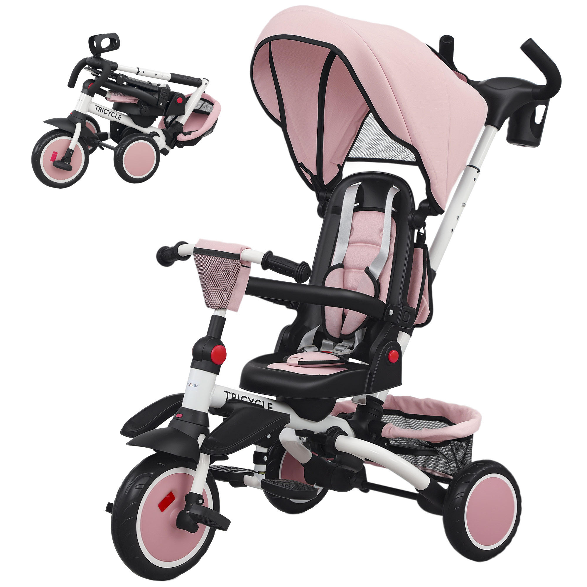 Kinderdreirad, 6-in-1 Buggy für Kleinkinder, mit Schiebegriff, verstellbarer Sitz, faltbares Design, Sicherheitsnetz