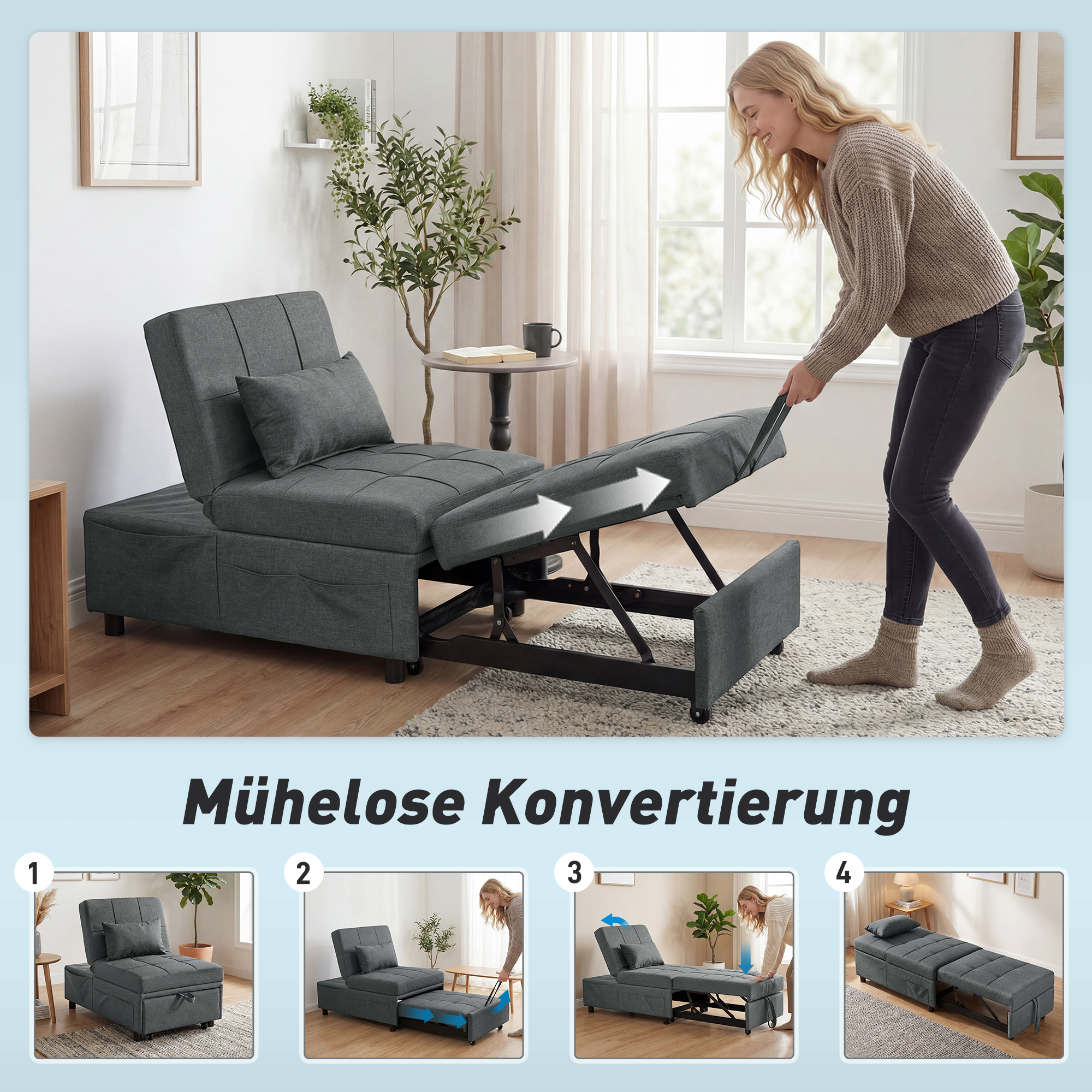 4-in-1 Multifunktionales Schlafsofa, umklappbarer Schlafsessel mit verstellbarer Rückenlehne und Kissen