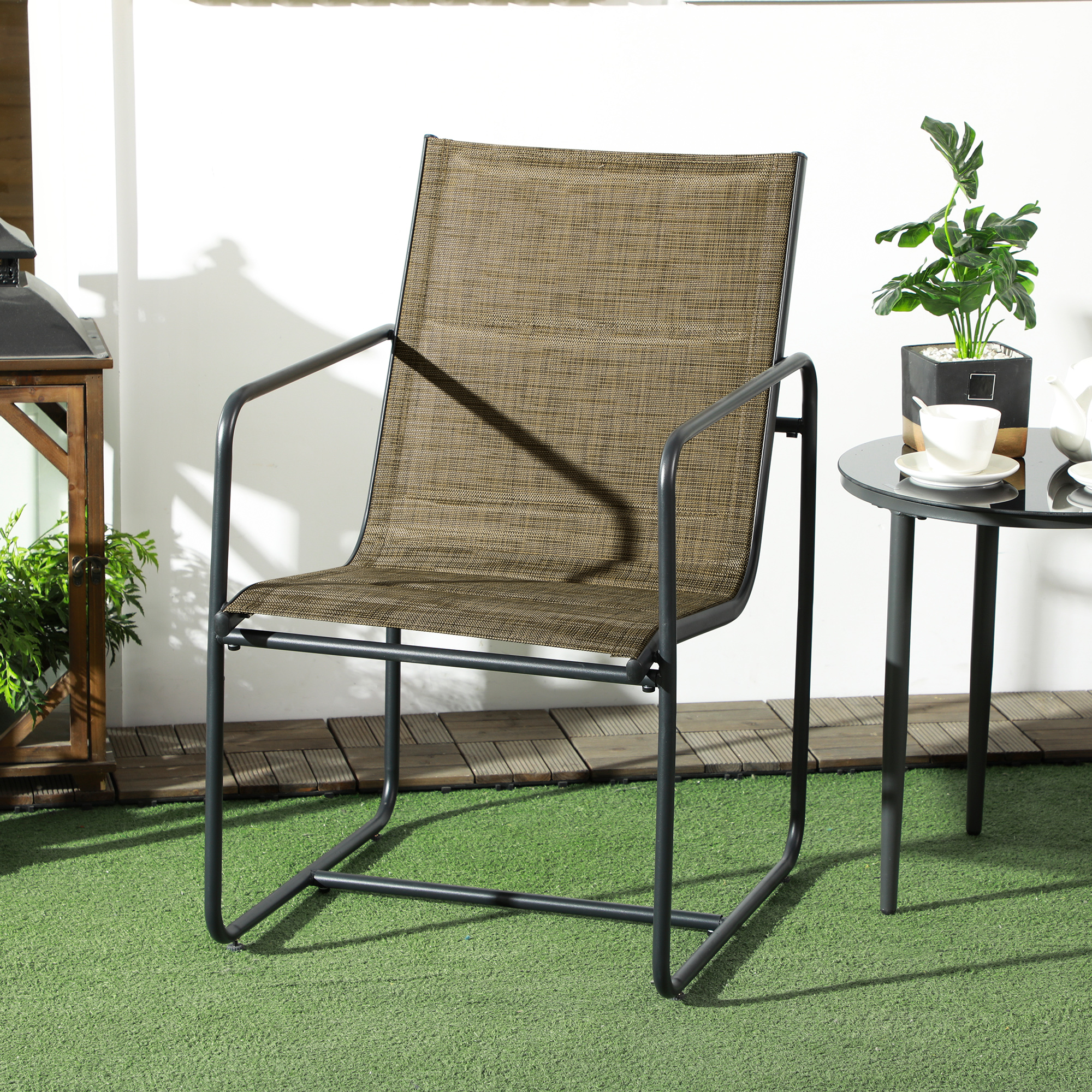 Gartenstuhl, 2er-Set, atmungsaktiver Bezug, robuster Metallrahmen, 54x66,5x88cm, Schwarz/Braun