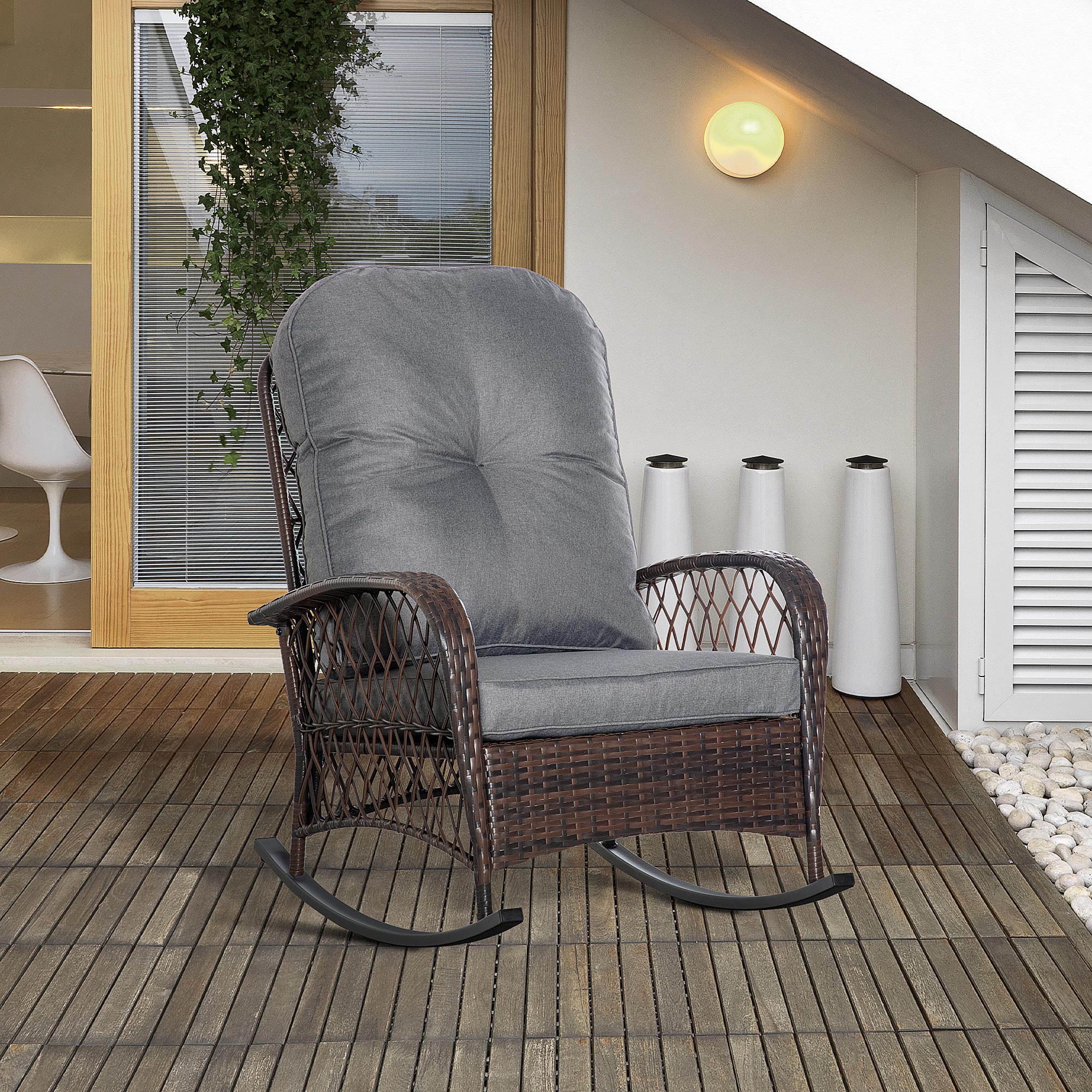 Schaukelstuhl Polster mit Knopfheftung PE-Rattan Stahl Braun + Grau
