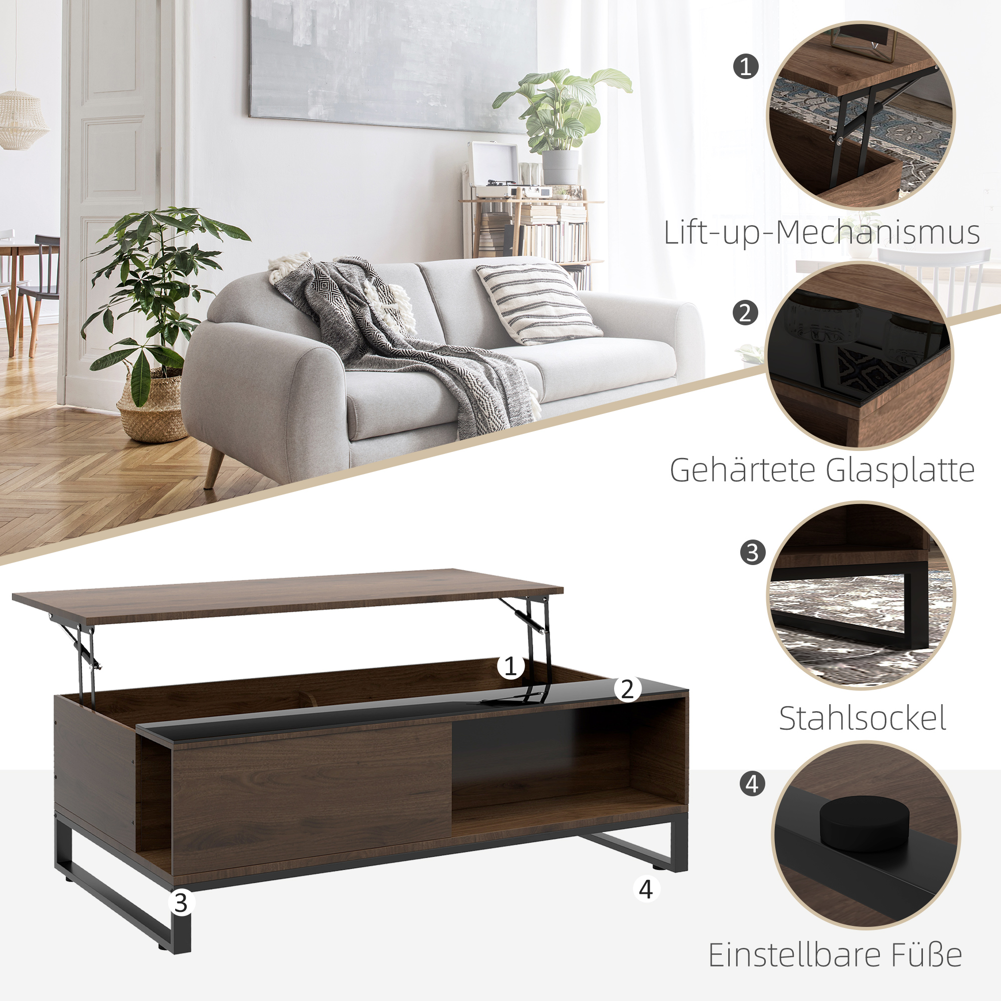 Beistelltisch mit Hebefunktion, verstecktes Staufach, Walsnussholzoptik, Stahlrahmen, 102 x 58 x 35,5 cm
