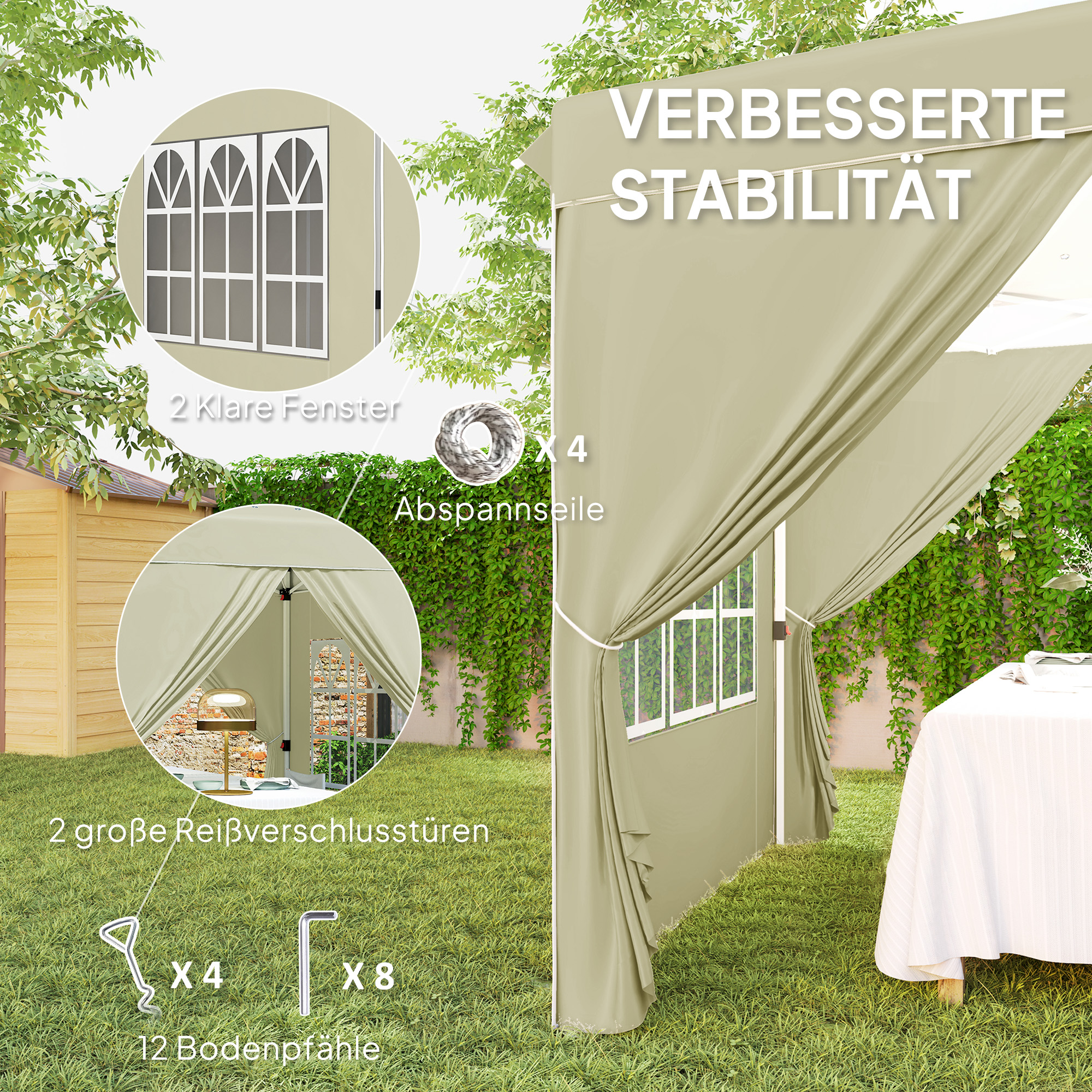 2,5 x 2,5 m Pop-up-Pavillon mit Seitenwänden und Tragetasche, UPF50+ höhenverstellbares Gartenzelt, Cremeweiß