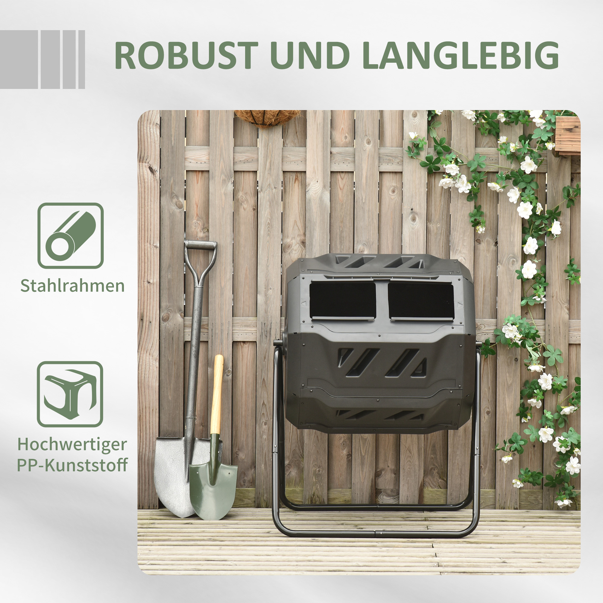 Kompostbehälter mit 2 Behältern, 160 L Fassungsvermögen, drehbar, 71 cm x 65 cm x 96 cm, Grün + Schwarz