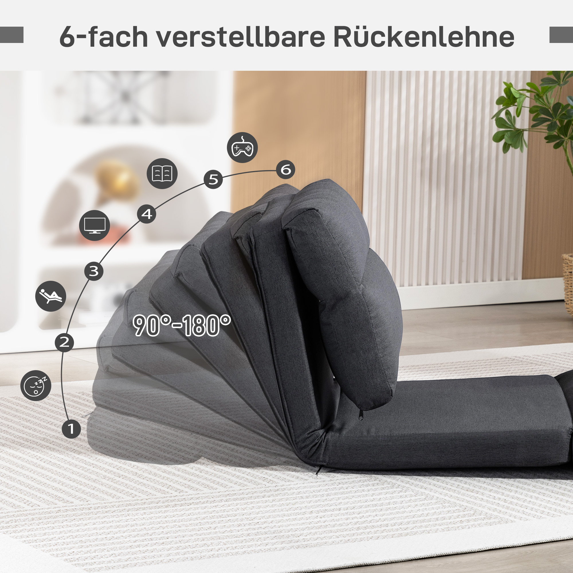 Sitzsack mit Bettfunktion, neigbare Lehne, klappbar, bis 120kg, 70 x 72 x 56 cm, Dunkelgrau