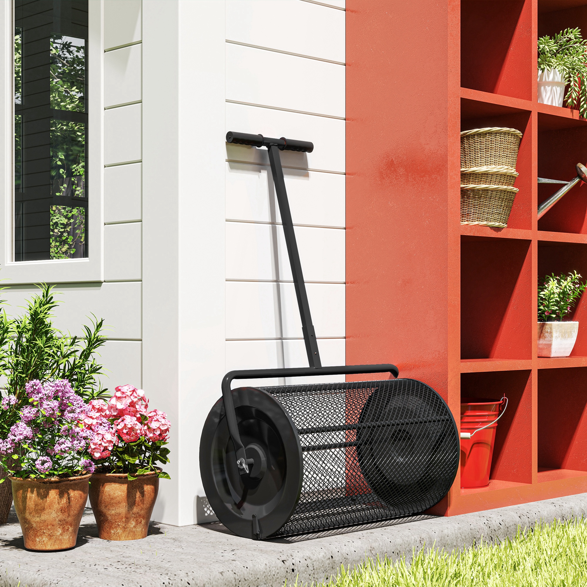 Kompoststreuer 75L 61x40cm Düngerstreuer Rasen Garten mit T-Griff Mesh-Korb Metall Schwarz