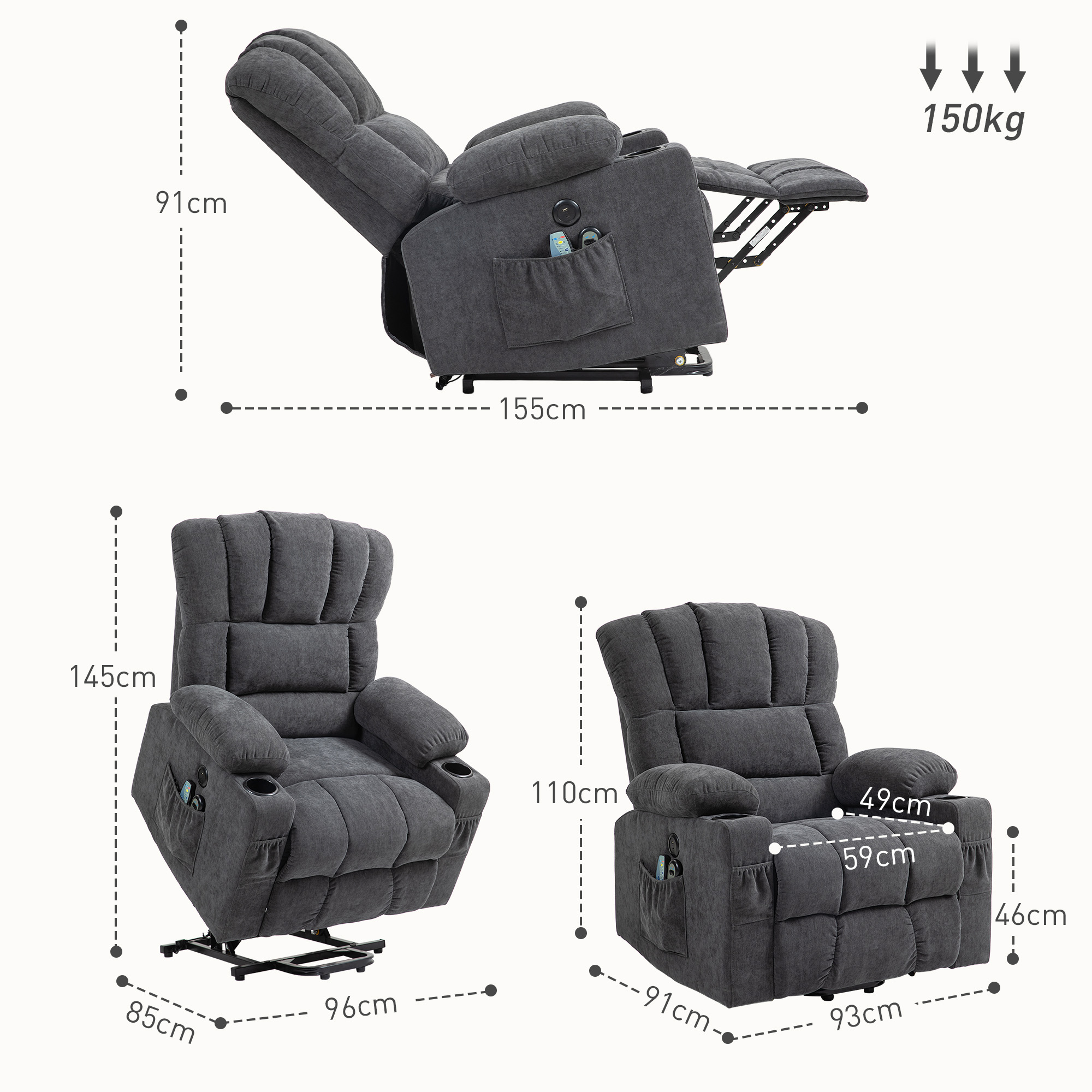 Elektrischer Power Lift Aufsteh-Sessel mit Massage- und Wärmefunktion, USB-Anschlüssen, Becherhaltern, Dunkelgrau