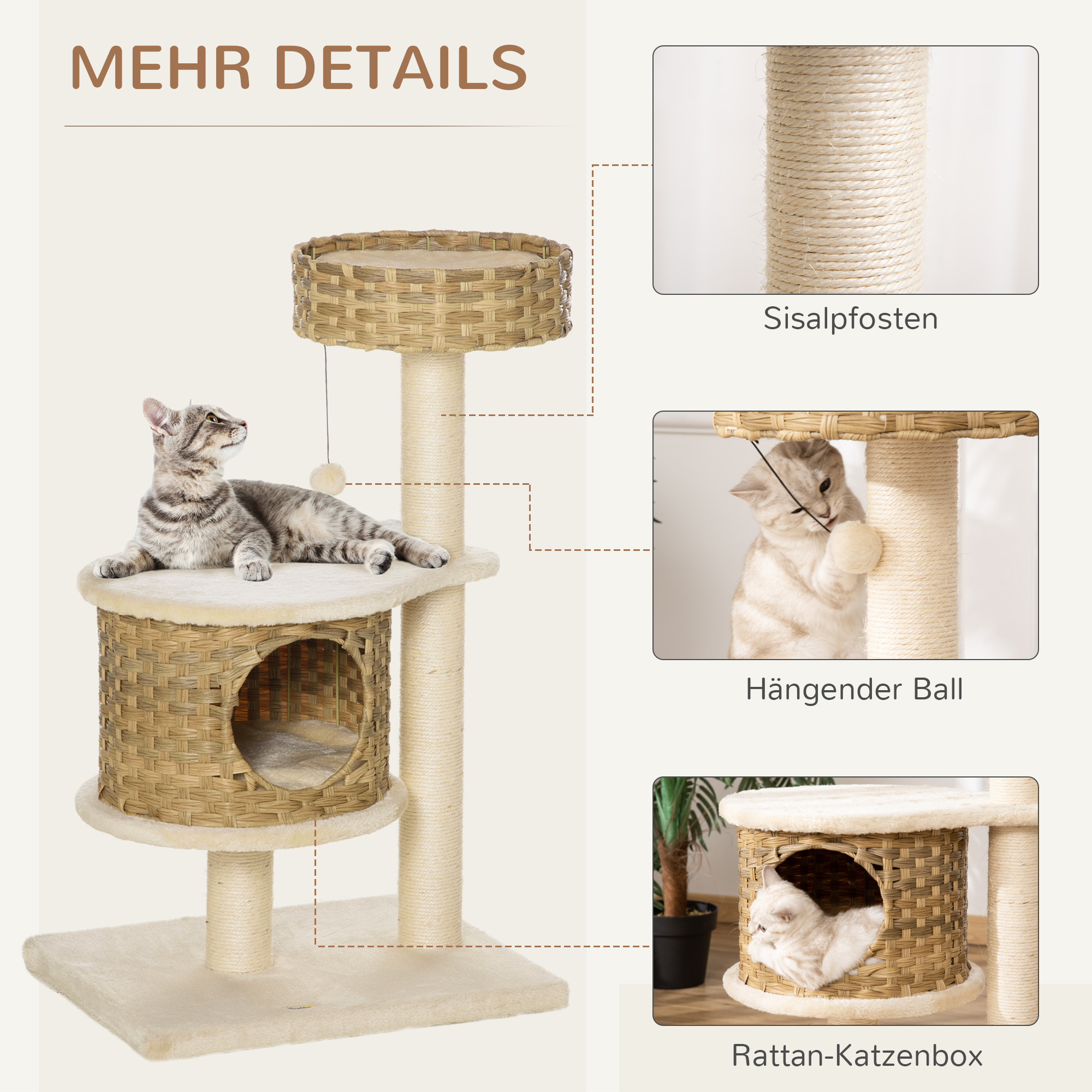 Kratzbaum Rattan 95 cm Höhe 3-Stufiger Katzenbaum mit Platform, Katzenbett, Kletterbaum mit Katzenhöhle Sisalstämmen Spielbälle Katzenmöbel Sisal Natur+Beige