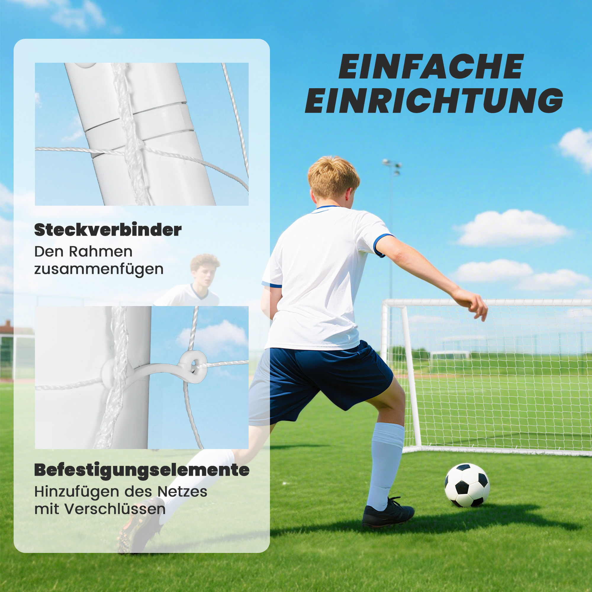 Fußballtor, robustes Netz, Kunststoff-Rahmen, Heringe, 180L x 92B x 124H cm, Weiß