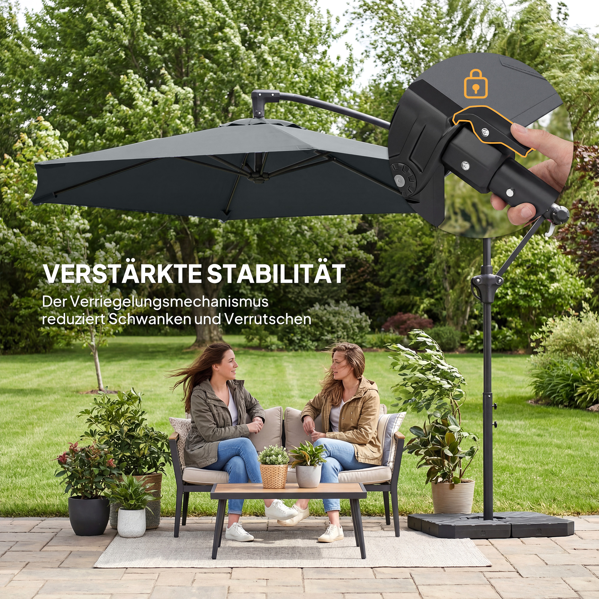 Ampelschirm ca. Ø300 cm Sonnenschirm mit Verriegelungsmechanismus Kurbel Ständer Gewichten Dunkelgrau