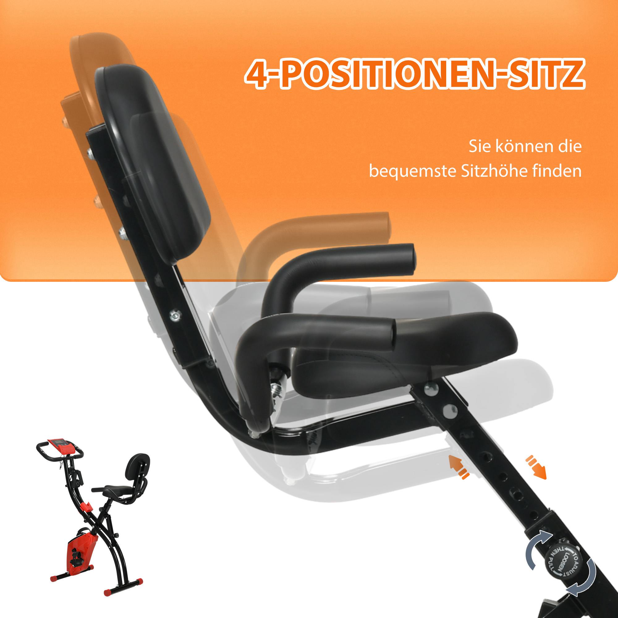 Heimtrainer X-Bike 2-in-1 Fahrradtrainer mit LCD-Display,Pulsmesser, klappbarer Hometrainer Trimmrad mit 8 stufig Magnetwiderstand, 1 Paar Spannseil, Stahl Rot 105x48x118 cm