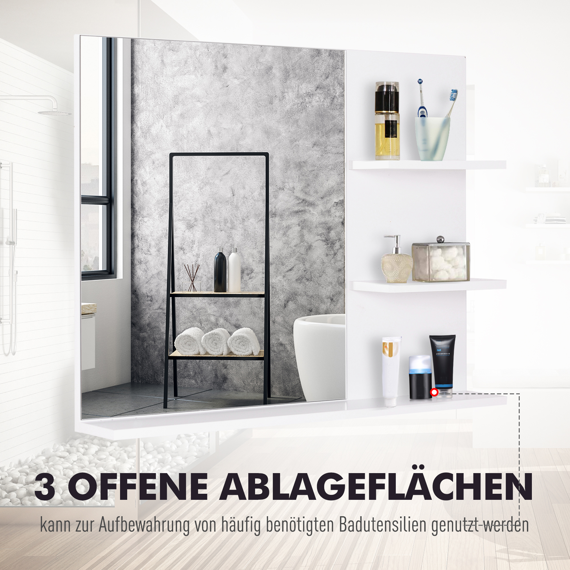 Badspiegel mit 3 Ablagen, Wandspiegel, Badezimmerspiegel, Spiegelregal für Badezimmer, Weiß, 60 x 10 x 48 cm