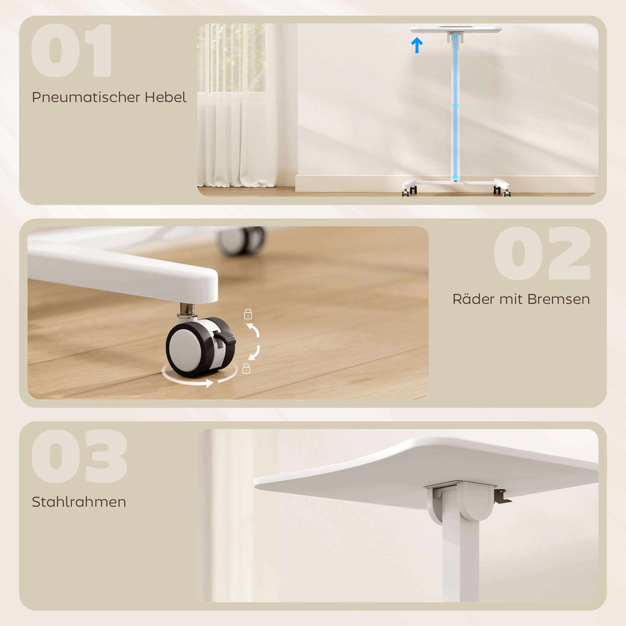 Höhenverstellbarer Stehschreibtisch, Rollbarer Schreibtisch mit neigbarer Tischplatte, Sicherheitsstopper, Rollen, Weiß