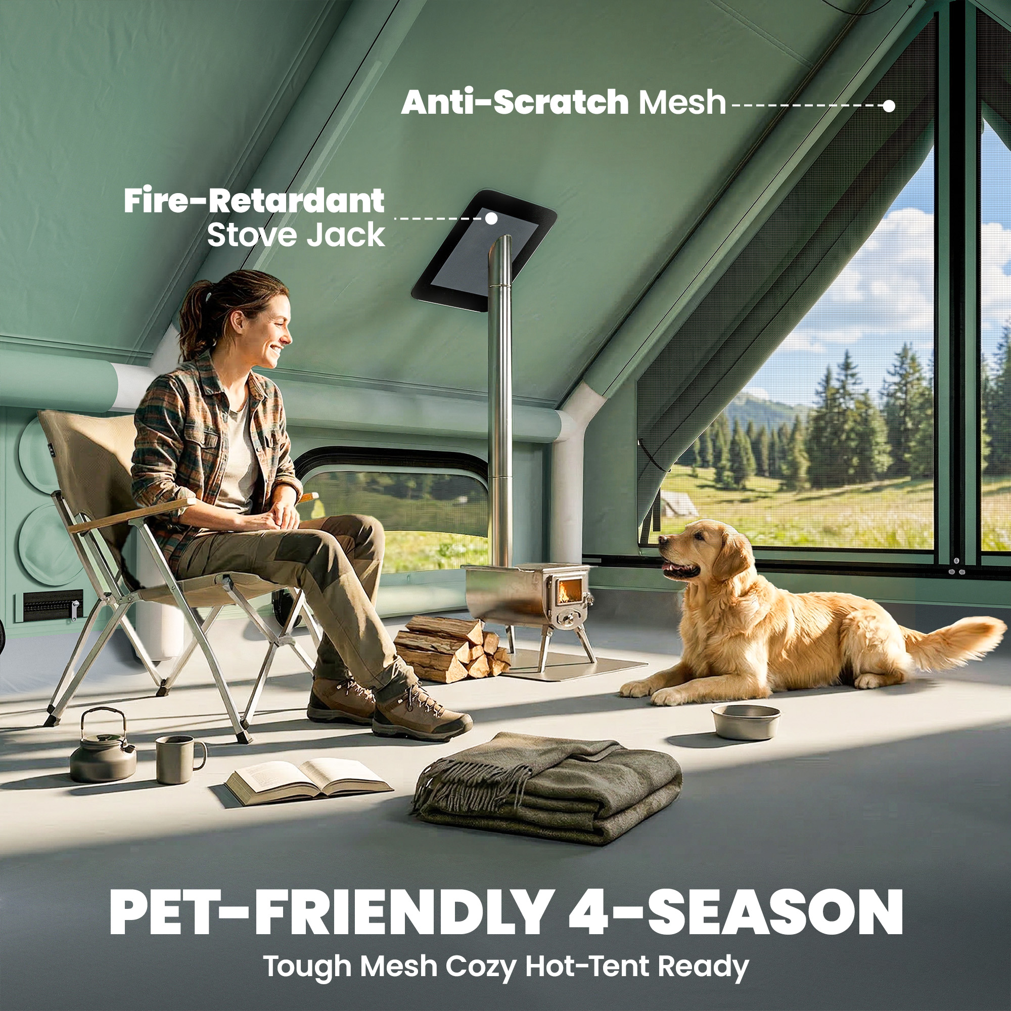 aufblasbares Zelt 8-10 Personen Schneller Aufbau 4-Jahreszeiten Wasserdicht Kratzfest Zelt mit Kaminöffnung Dachfenster