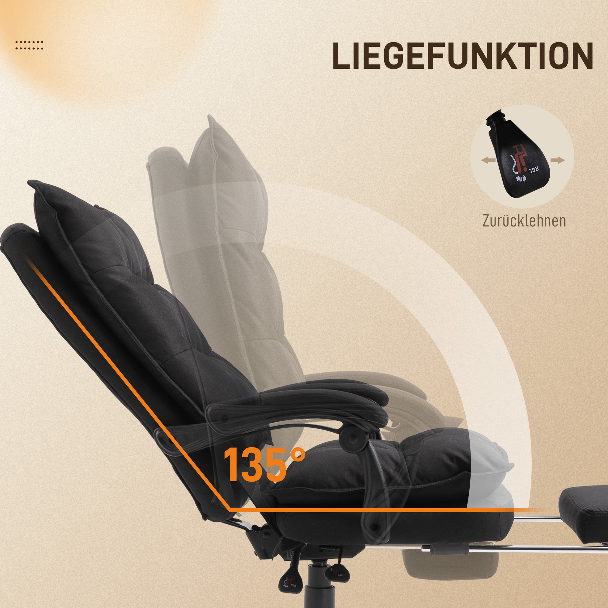 Bürostuhl mit Massagefunktion, Ergonomischer Schreibtischstuhl mit Liege- & Drehfunktion, mit Fußstütze, Schwarz